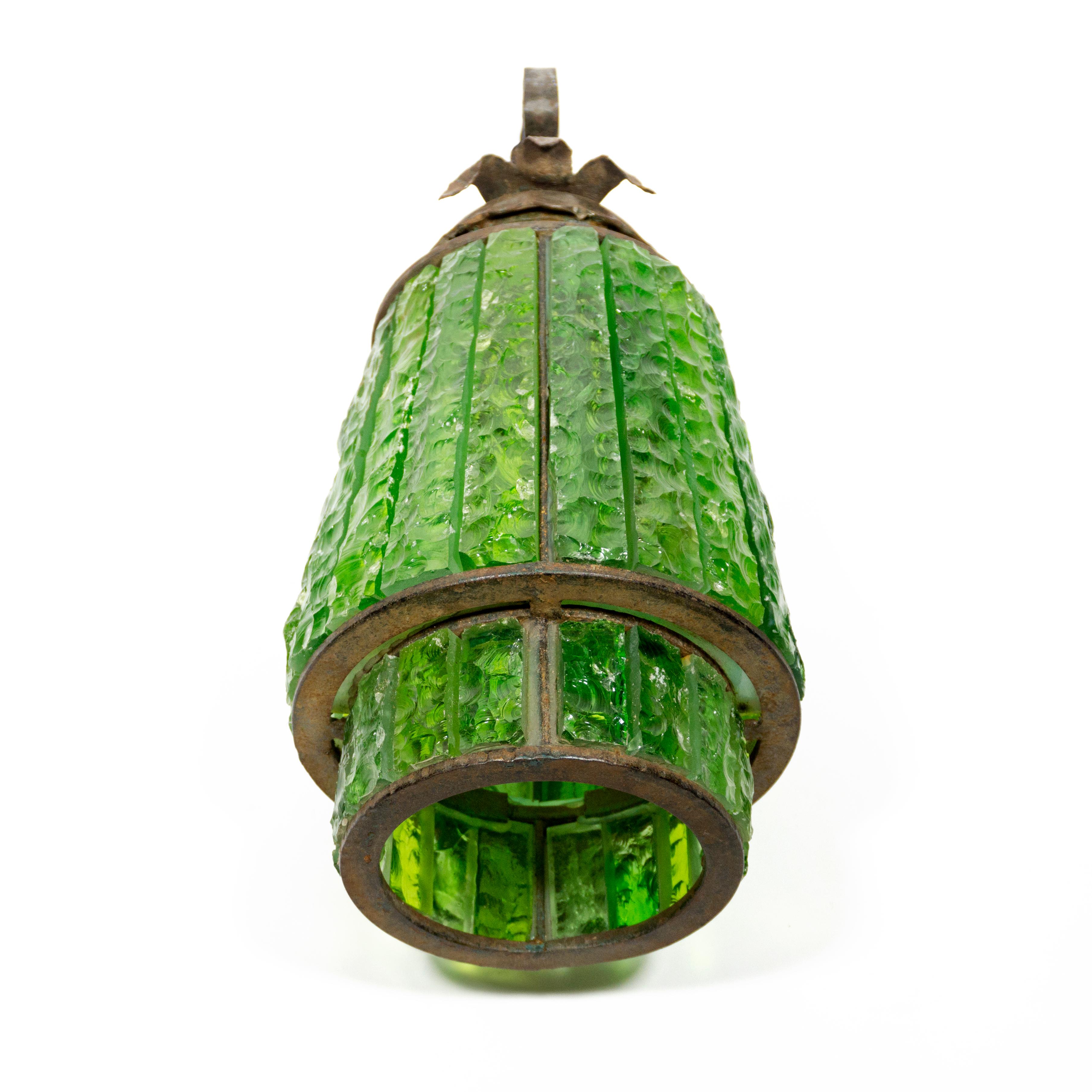Stunning Green Hammered Glass Wrough Iron Lantern Wall Light Sconce Italy, 1970s For Sale 4