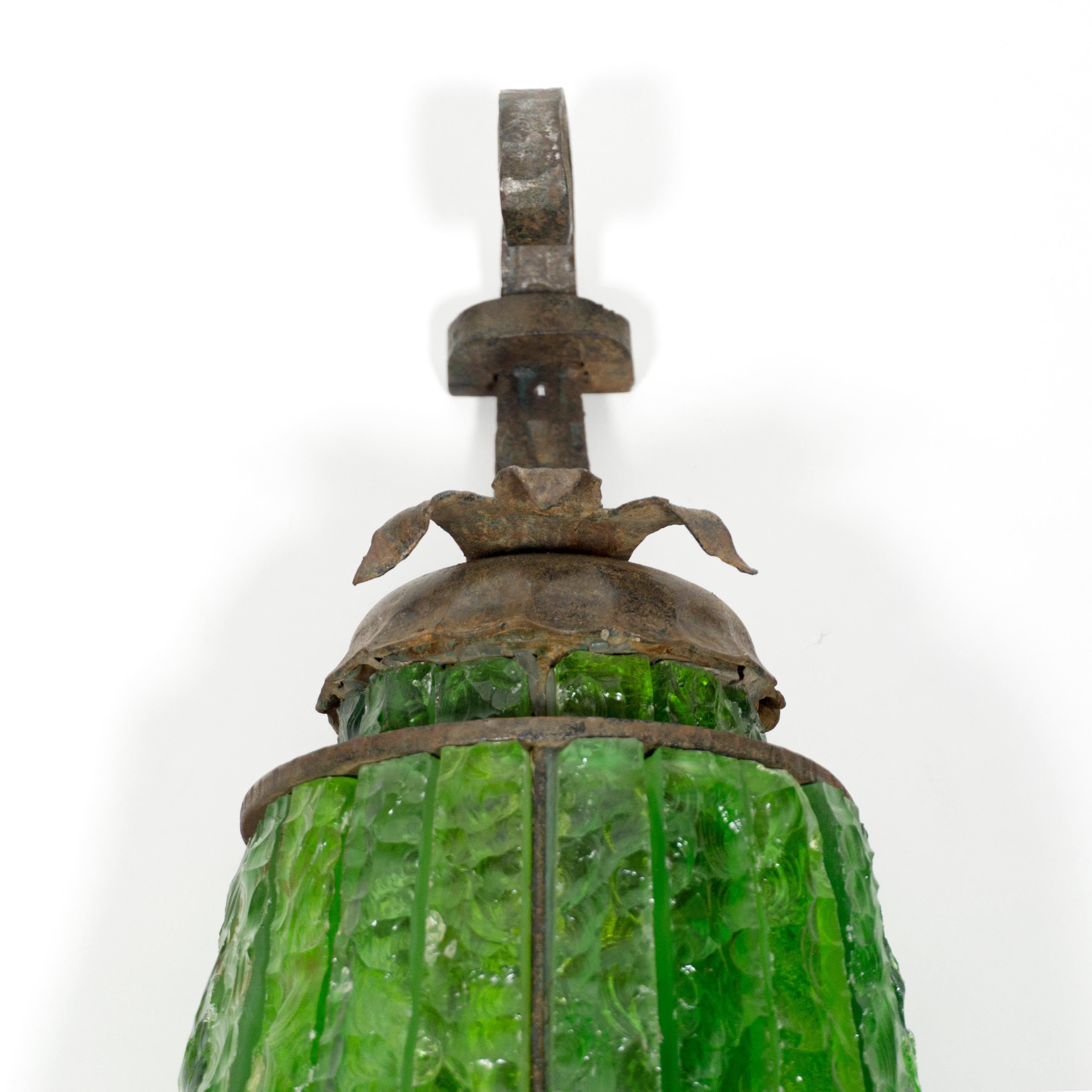 Stunning Green Hammered Glass Wrough Iron Lantern Wall Light Sconce Italy, 1970s For Sale 5