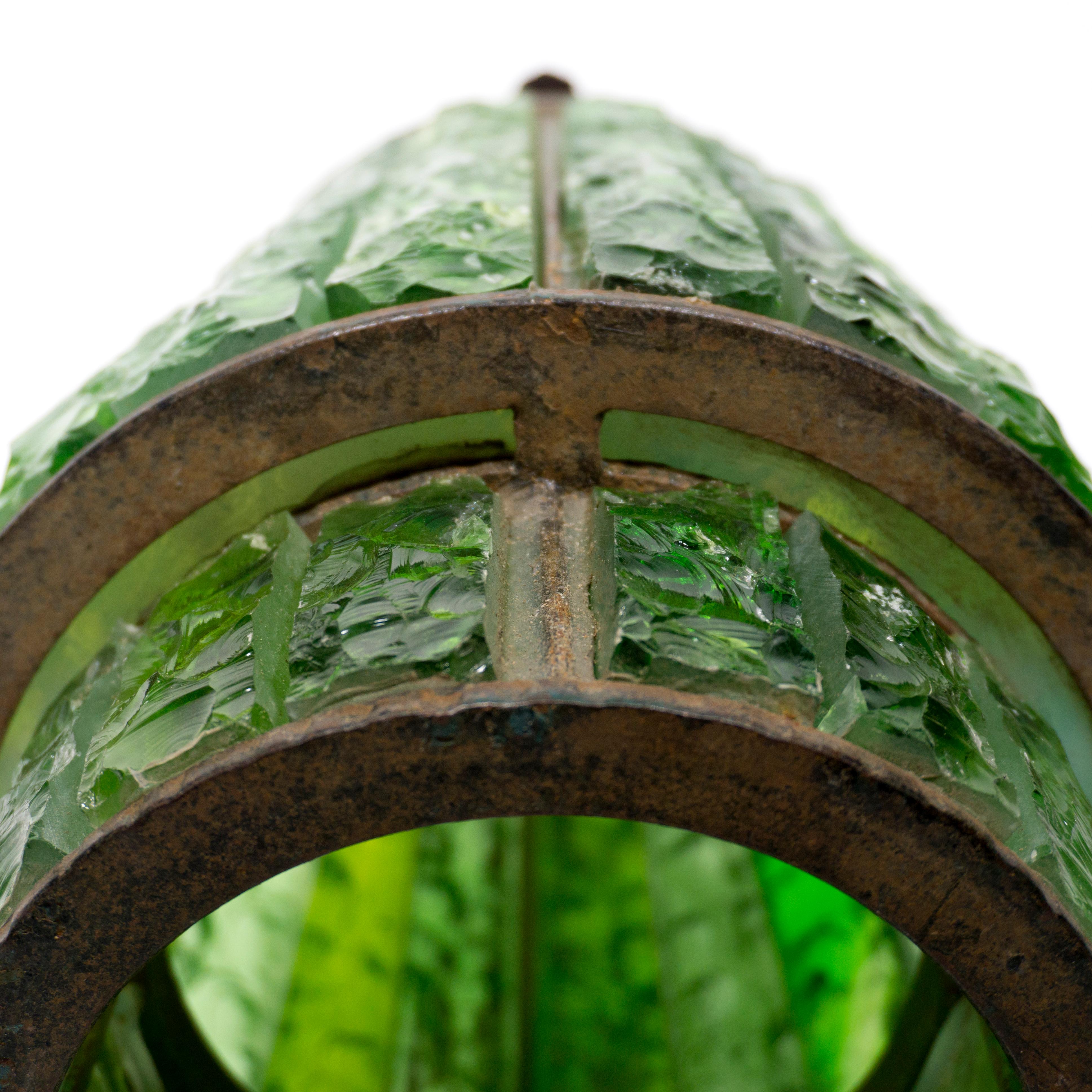 Stunning Green Hammered Glass Wrough Iron Lantern Wall Light Sconce Italy, 1970s For Sale 7