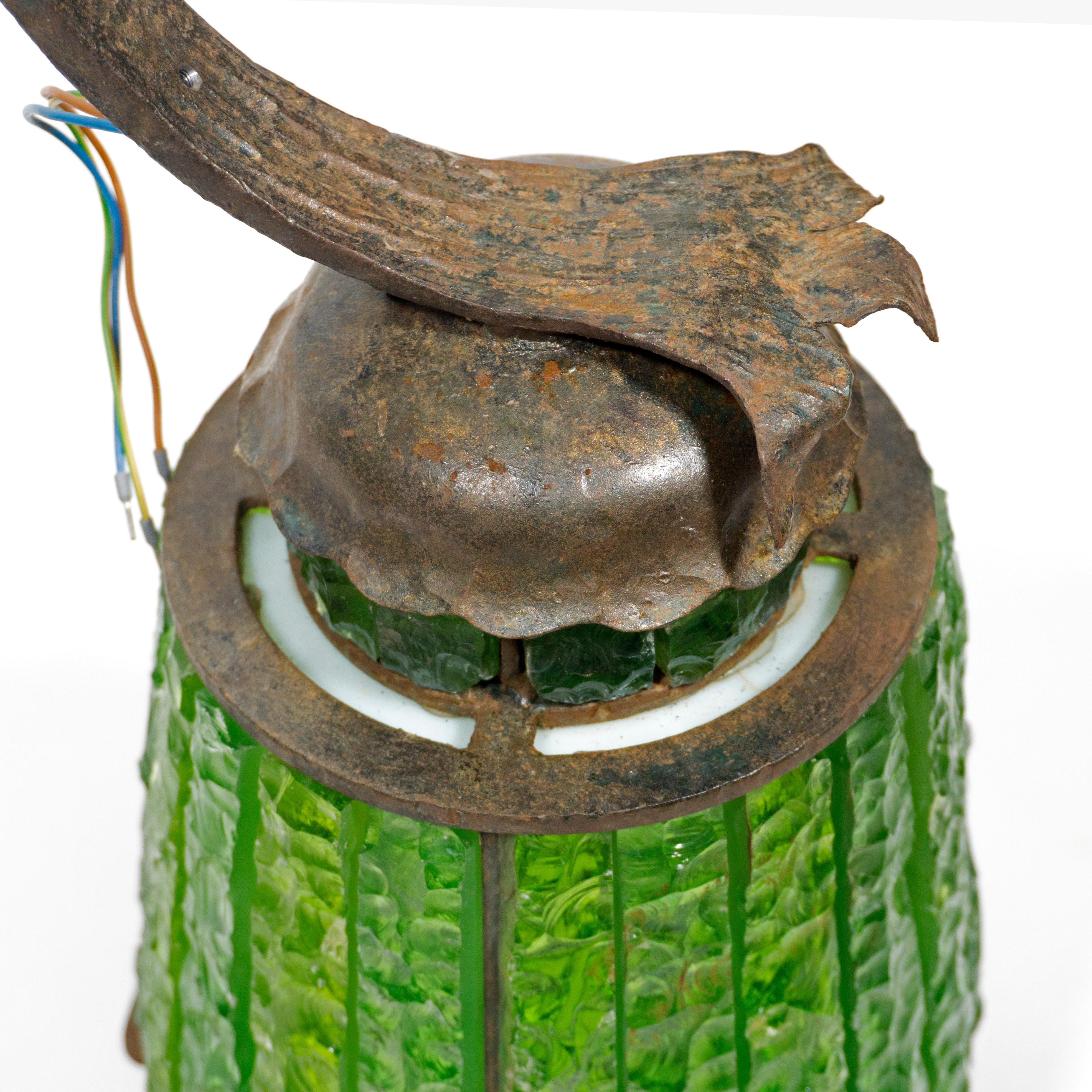 Stunning Green Hammered Glass Wrough Iron Lantern Wall Light Sconce Italy, 1970s For Sale 8