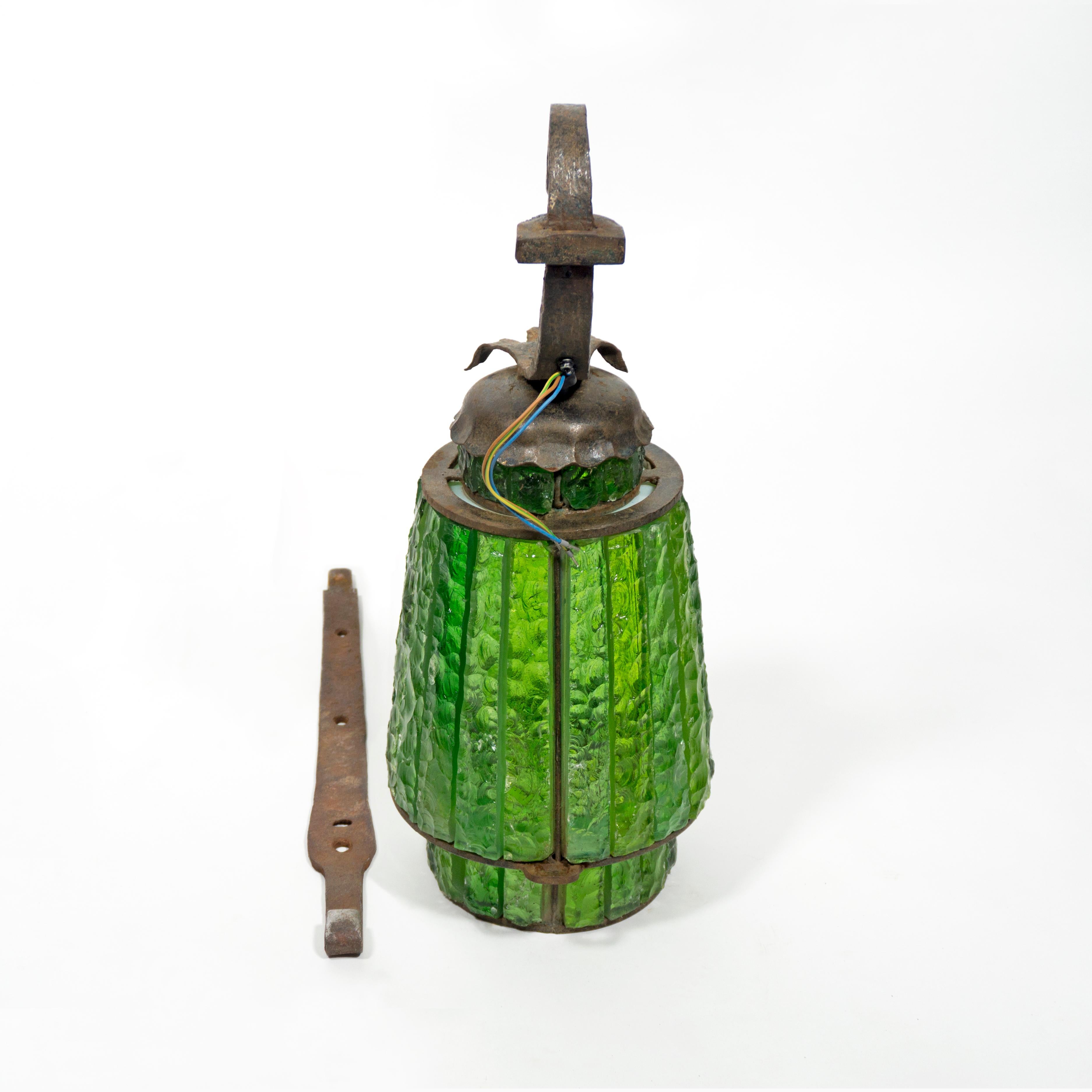 Stunning Green Hammered Glass Wrough Iron Lantern Wall Light Sconce Italy, 1970s For Sale 9