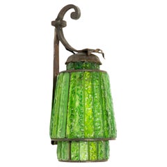 Stunning Green Hammered Glass Wrough Iron Lantern Wall Light Sconce Italy, 1970s