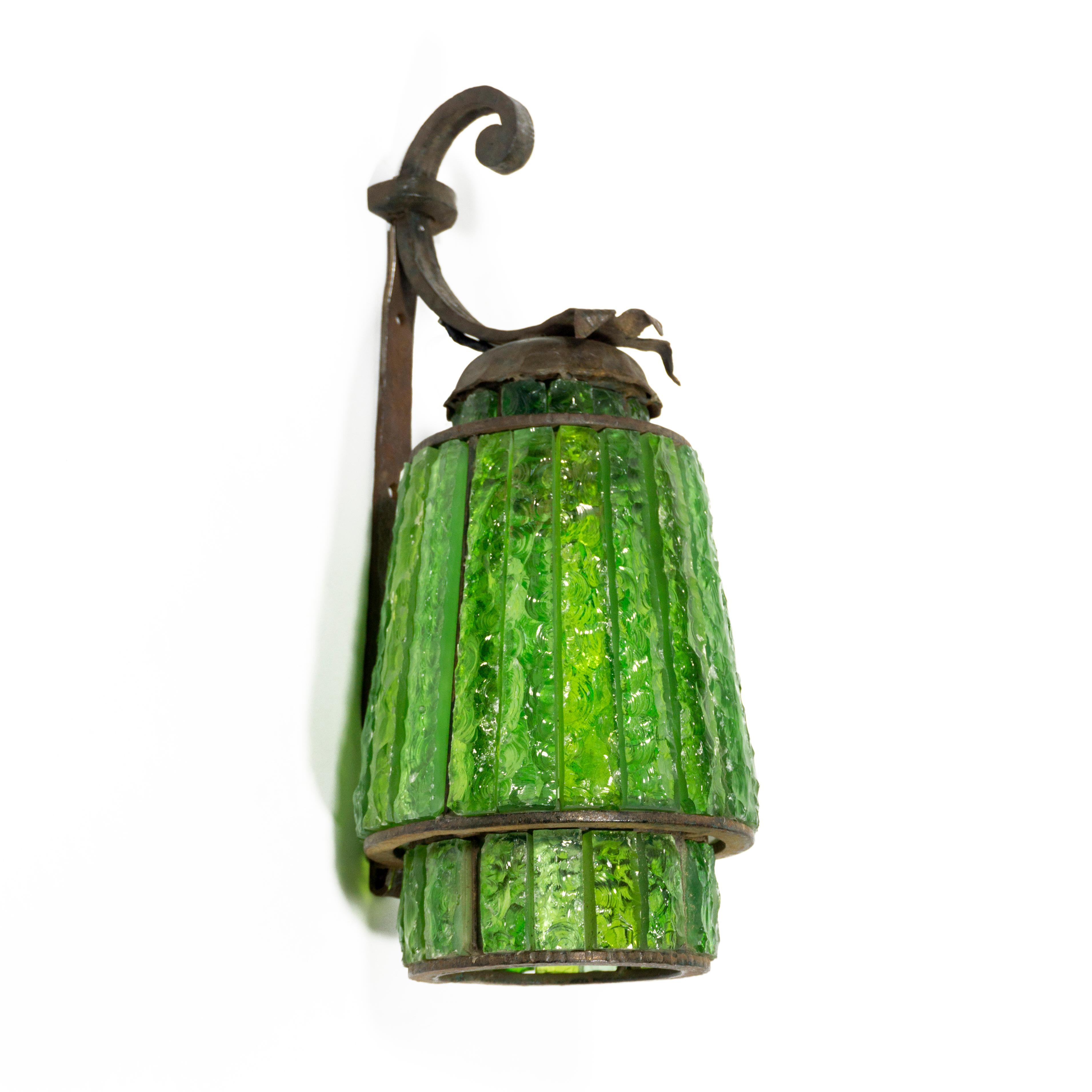 Brutalist Stunning Green Hammered Glass Wrough Iron Lantern Wall Light Sconce Italy, 1970s For Sale