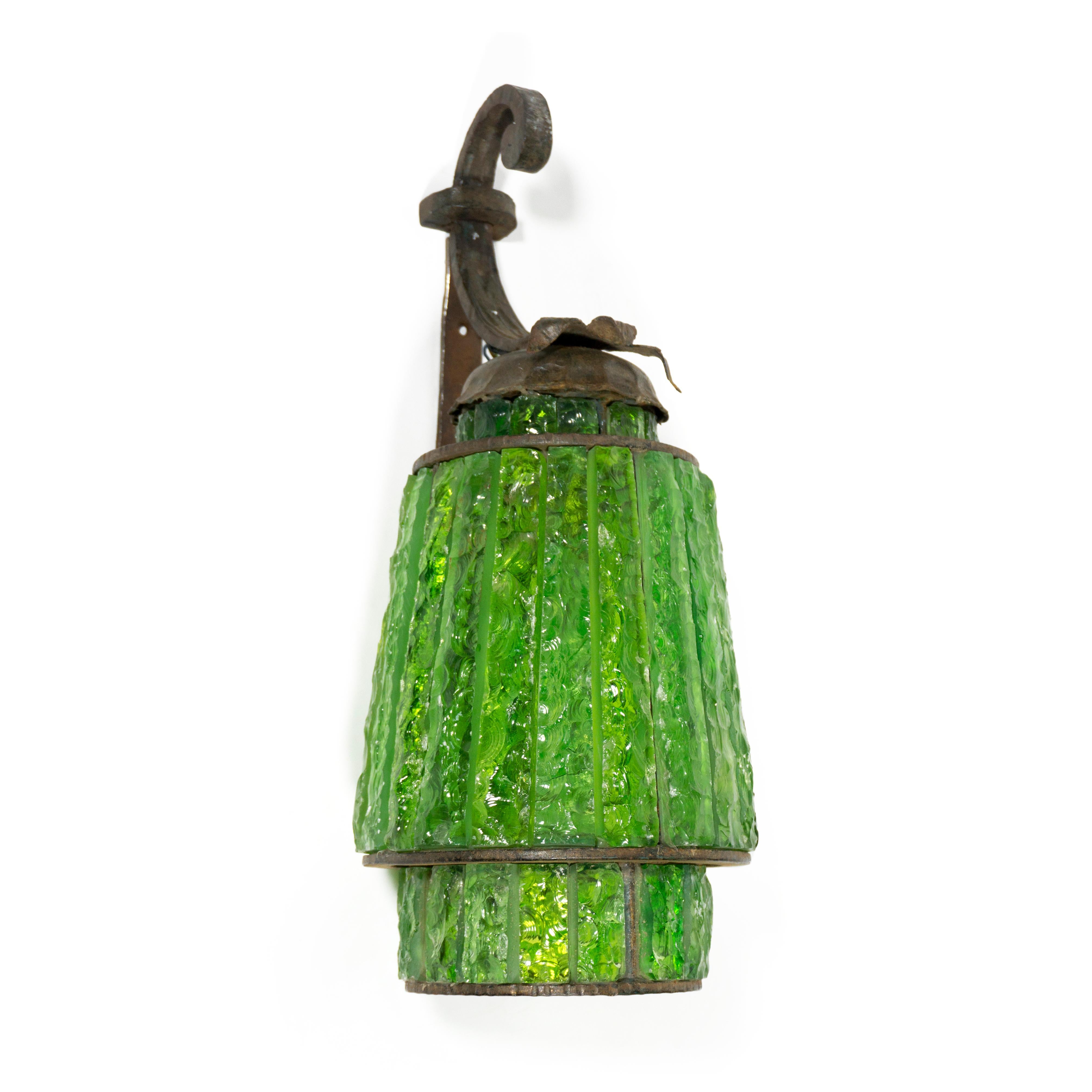 Italian Stunning Green Hammered Glass Wrough Iron Lantern Wall Light Sconce Italy, 1970s For Sale
