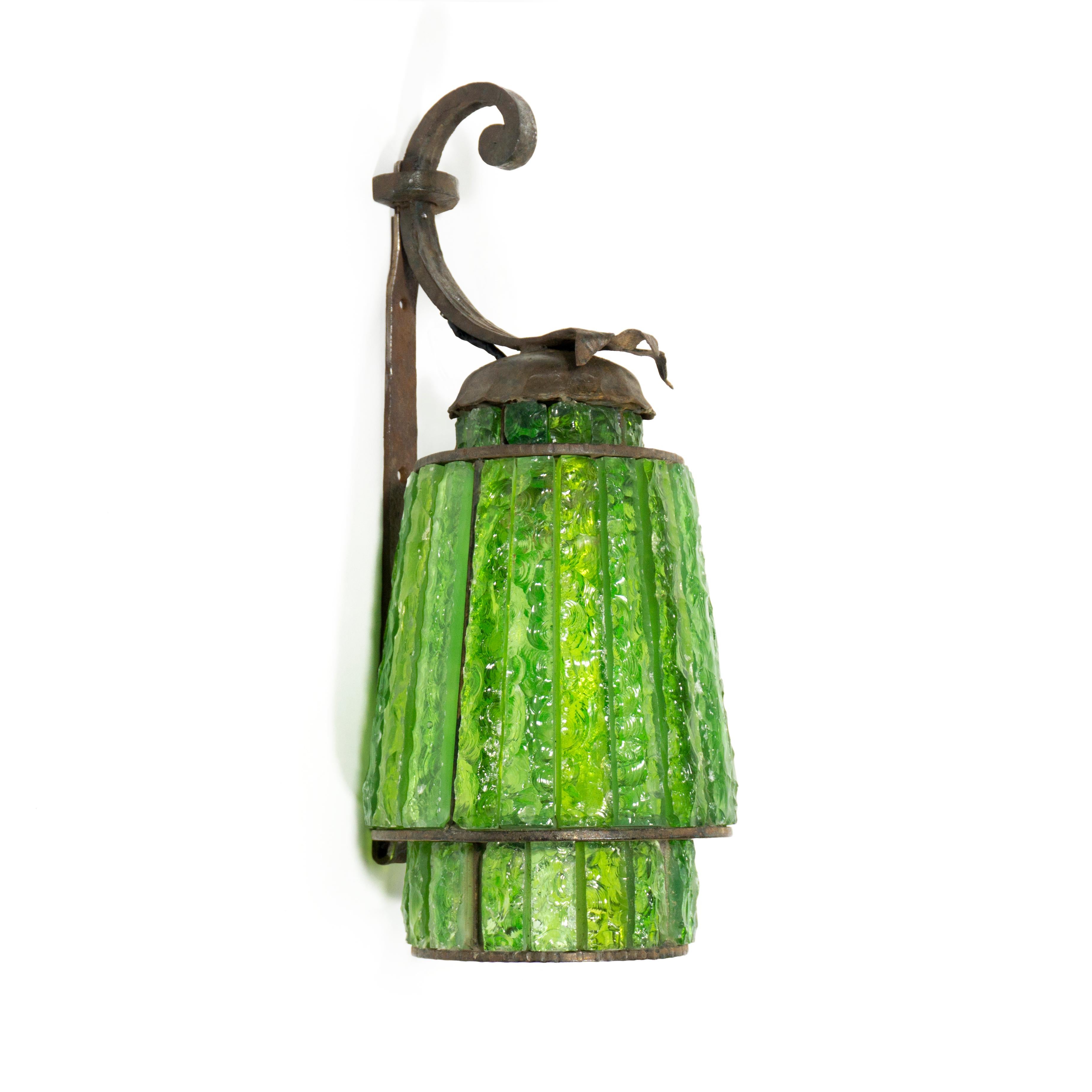 Late 20th Century Stunning Green Hammered Glass Wrough Iron Lantern Wall Light Sconce Italy, 1970s For Sale