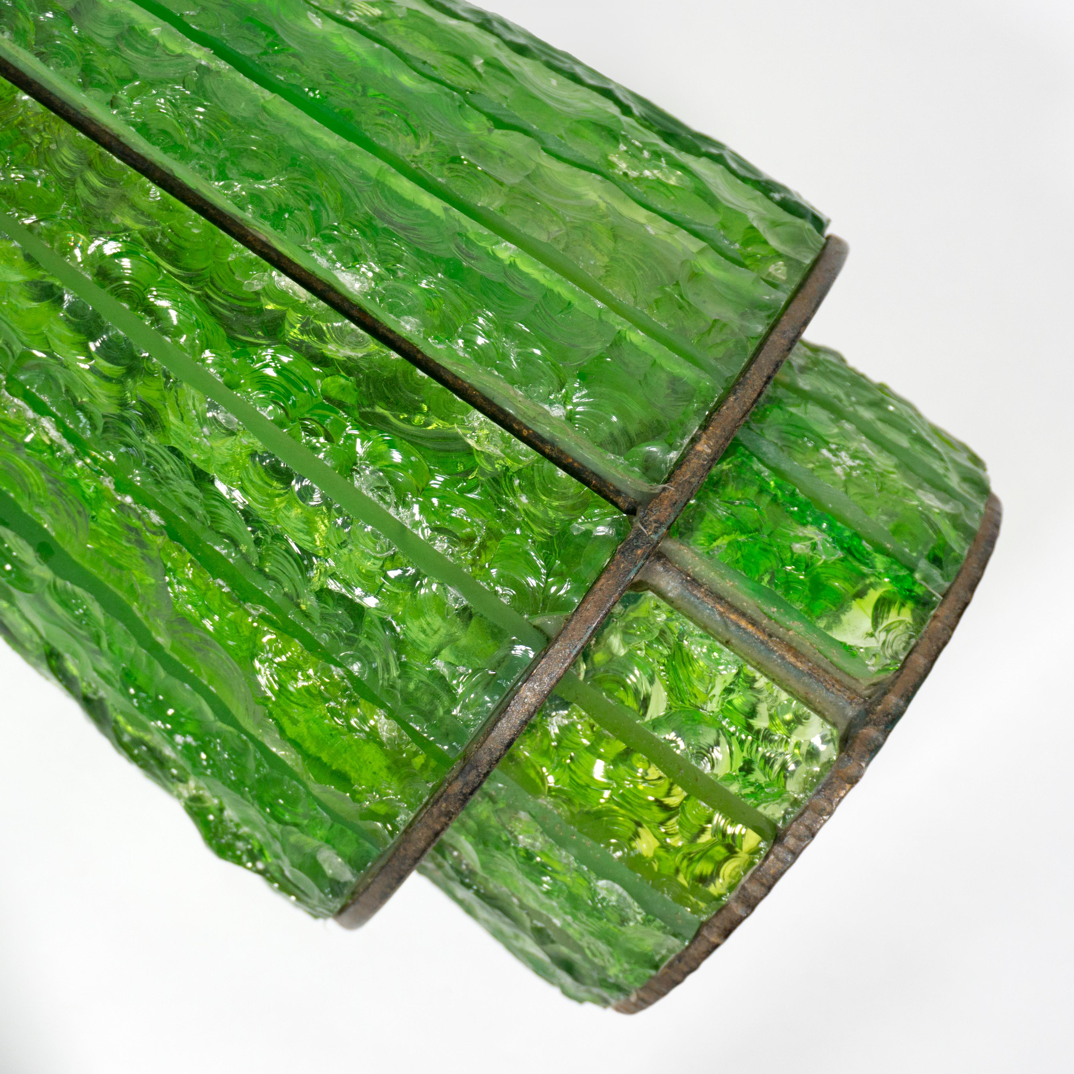 Stunning Green Hammered Glass Wrough Iron Lantern Wall Light Sconce Italy, 1970s For Sale 1