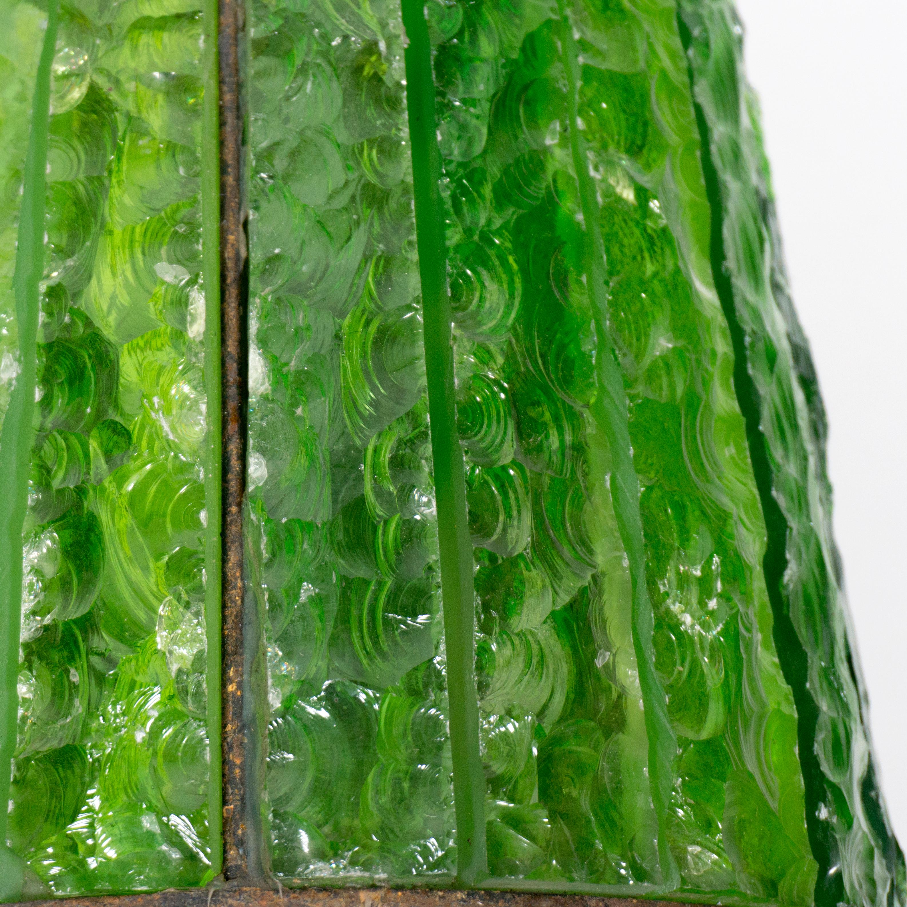 Stunning Green Hammered Glass Wrough Iron Lantern Wall Light Sconce Italy, 1970s For Sale 2