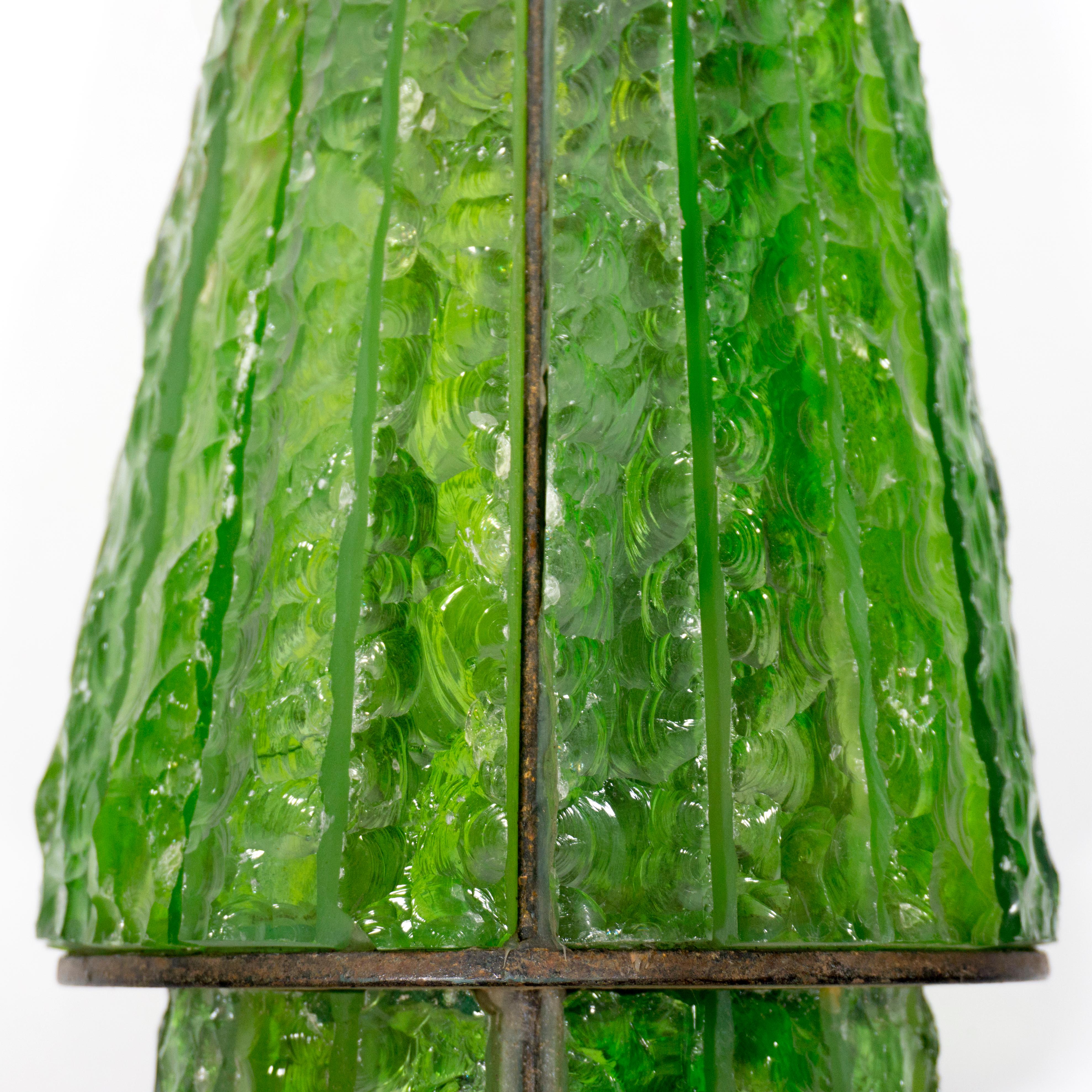 Stunning Green Hammered Glass Wrough Iron Lantern Wall Light Sconce Italy, 1970s For Sale 3