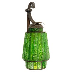 Stunning Green Hammered Glass Wrough Iron Lantern Wall Light Sconce Italy, 1970s