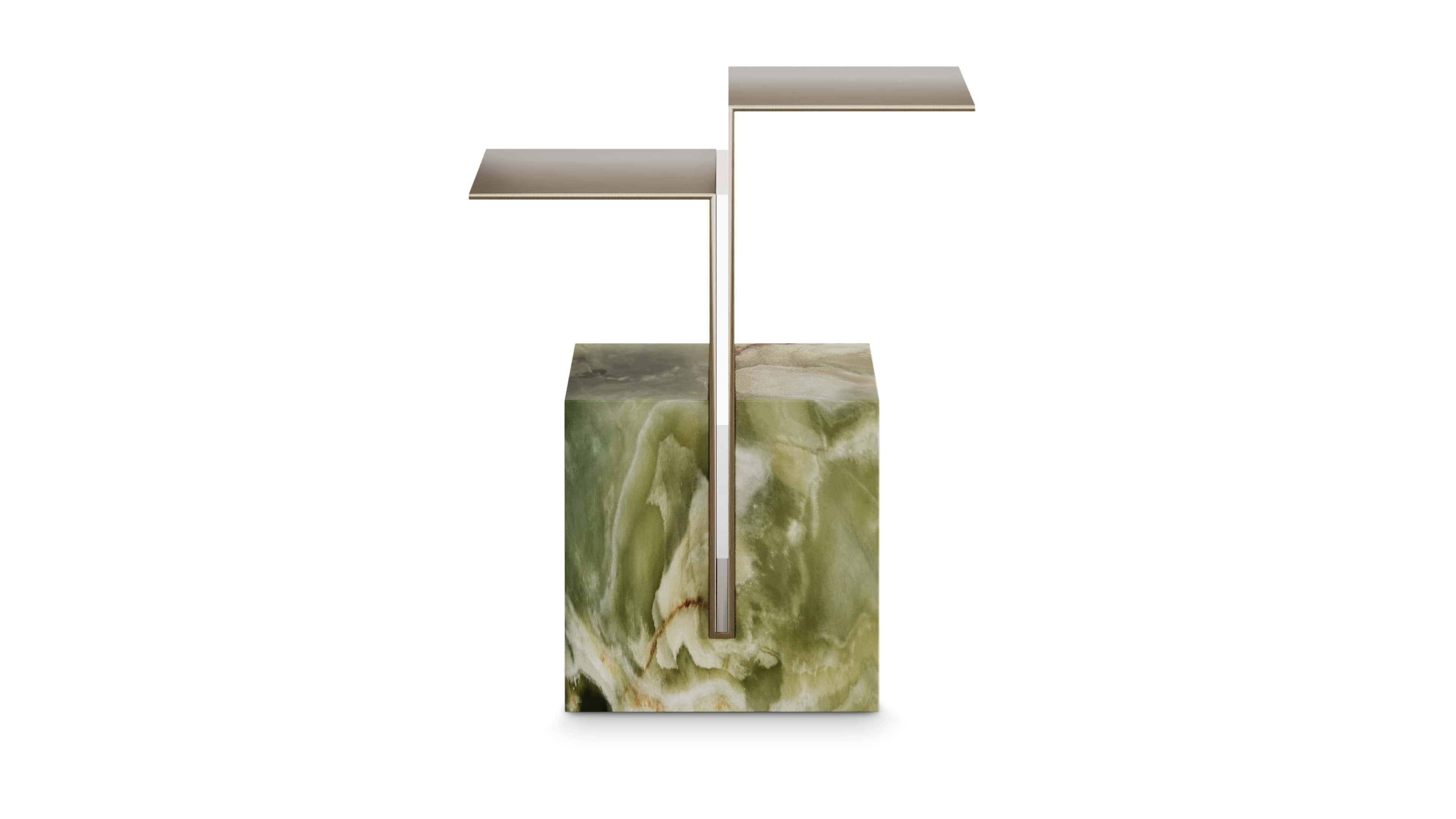 Mid-Century Modern Stunning Green Onyx Brok Side Table with Metallic Top For Sale