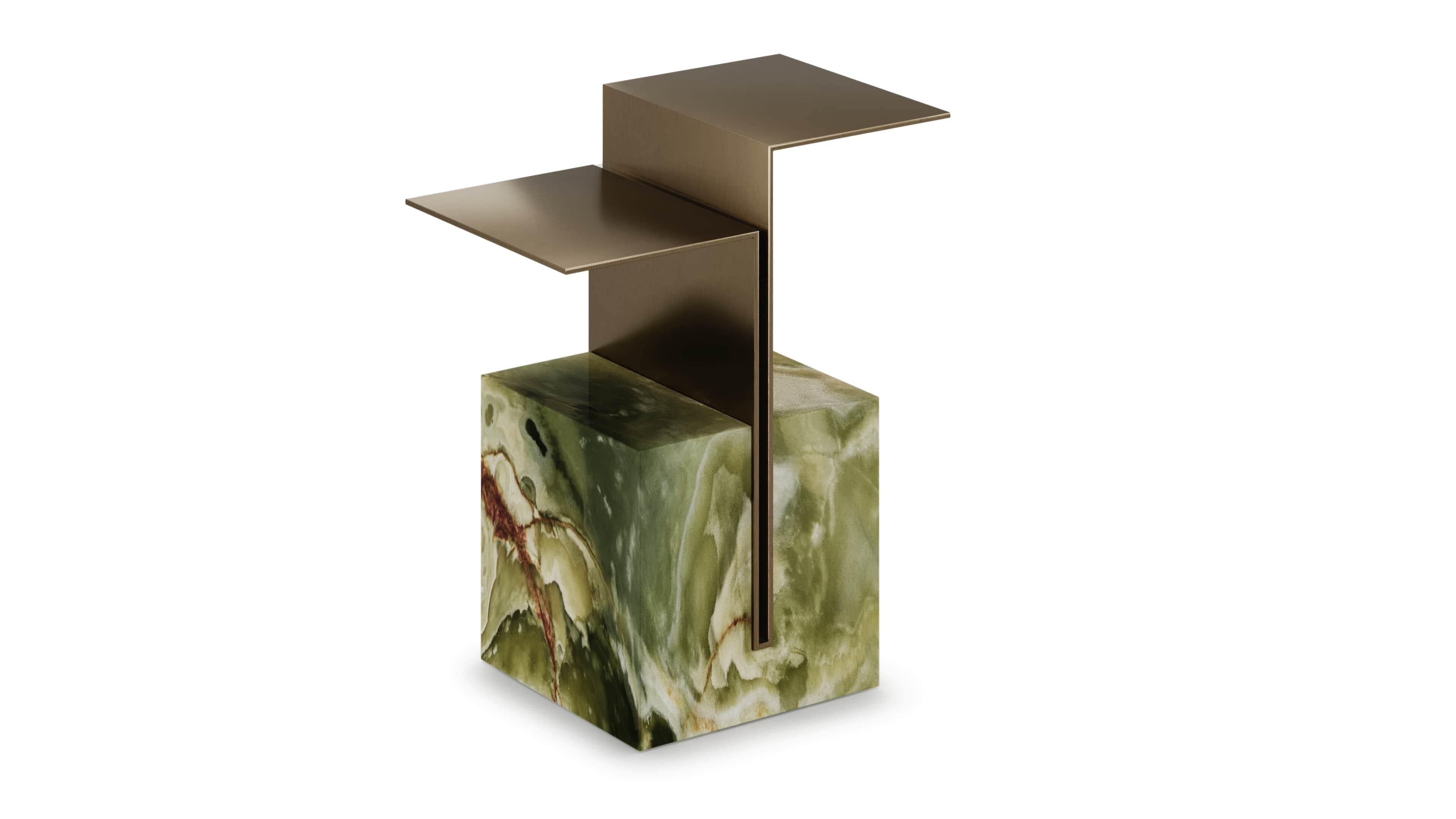 Portuguese Stunning Green Onyx Brok Side Table with Metallic Top For Sale