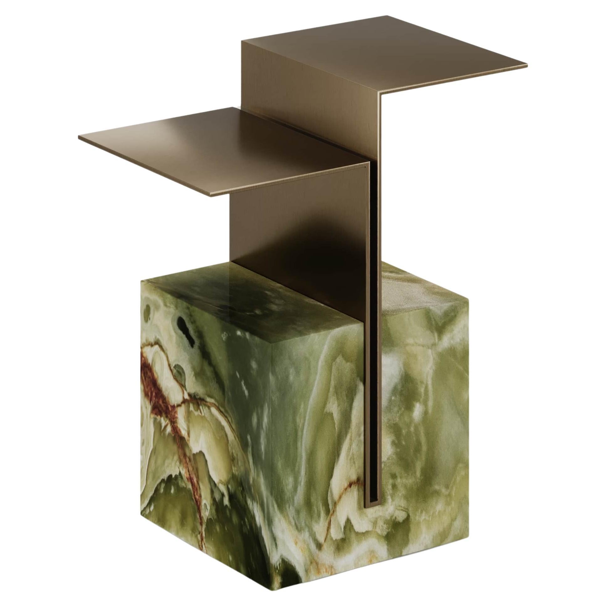 Stunning Green Onyx Brok Side Table with Metallic Top For Sale