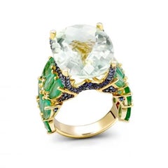 Stunning Green Quartz Sapphire Emerald Diamond White 14k Gold Ring  for Her