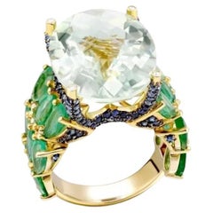 Superbe bague en or blanc 14 carats avec quartz vert, saphir, émeraude et diamant  pour elle