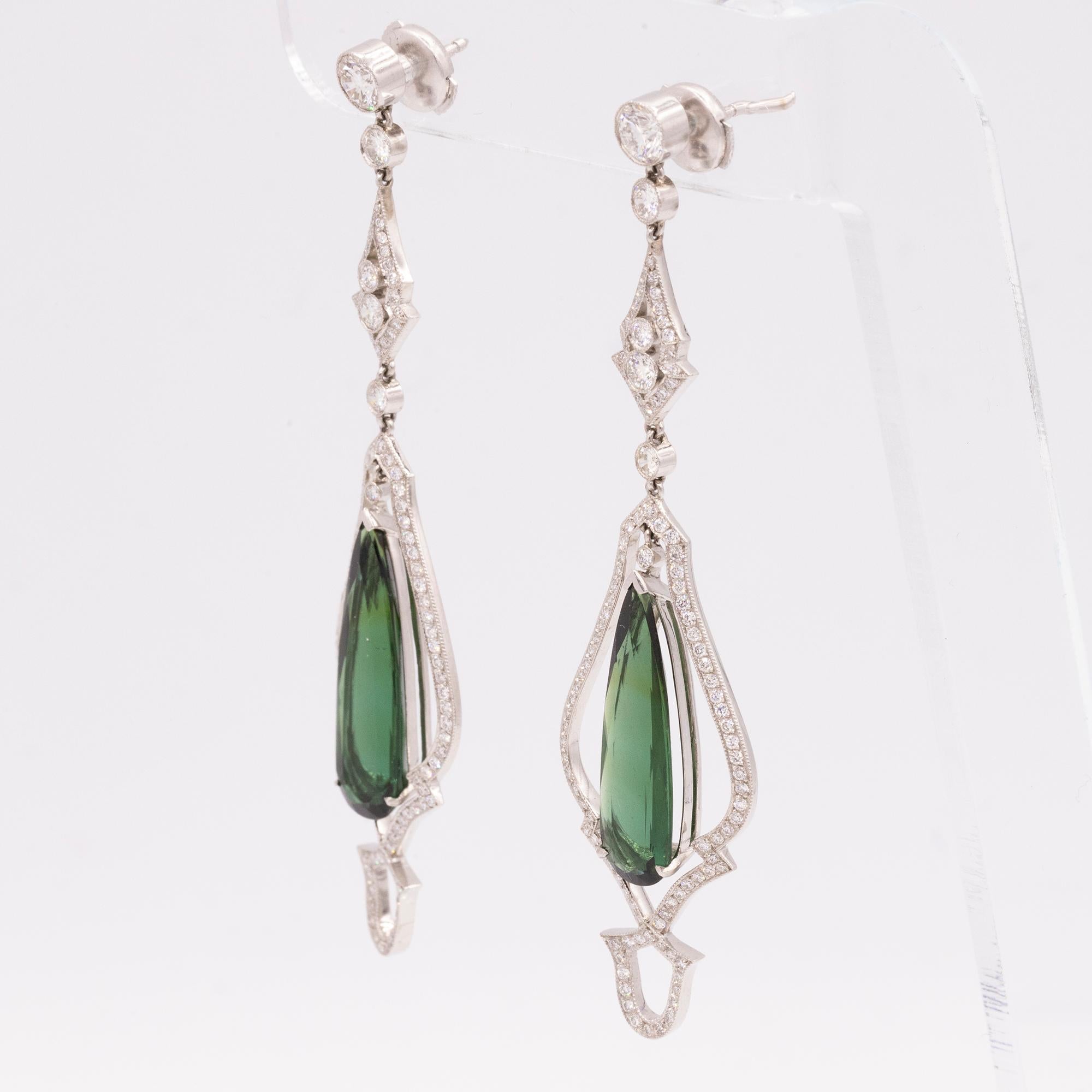 Women's Stunning Green Tourmaline and Diamond Platinum Drop Earrings-Retail 28, 500 For Sale