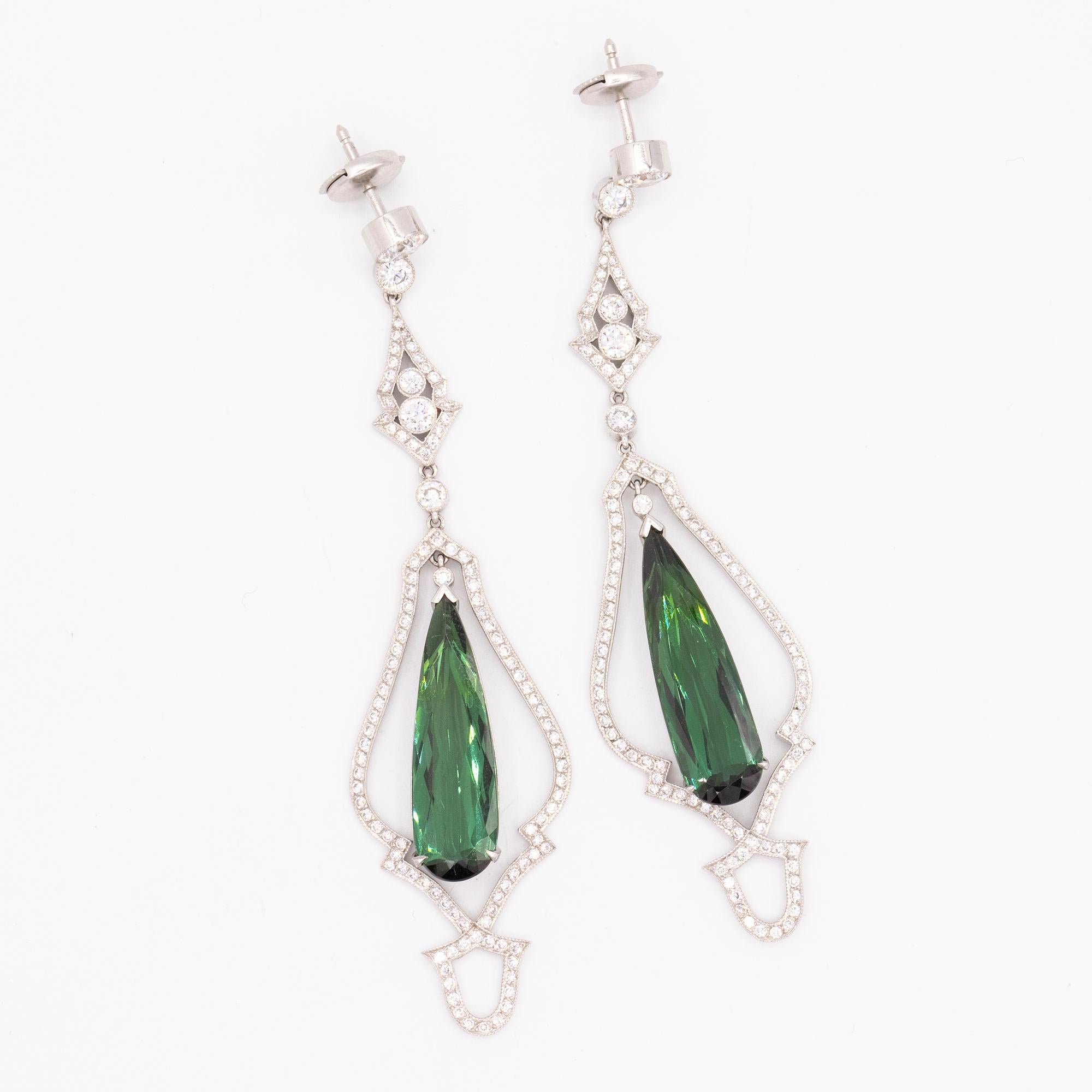 Stunning Green Tourmaline and Diamond Platinum Drop Earrings-Retail 28, 500 For Sale 1