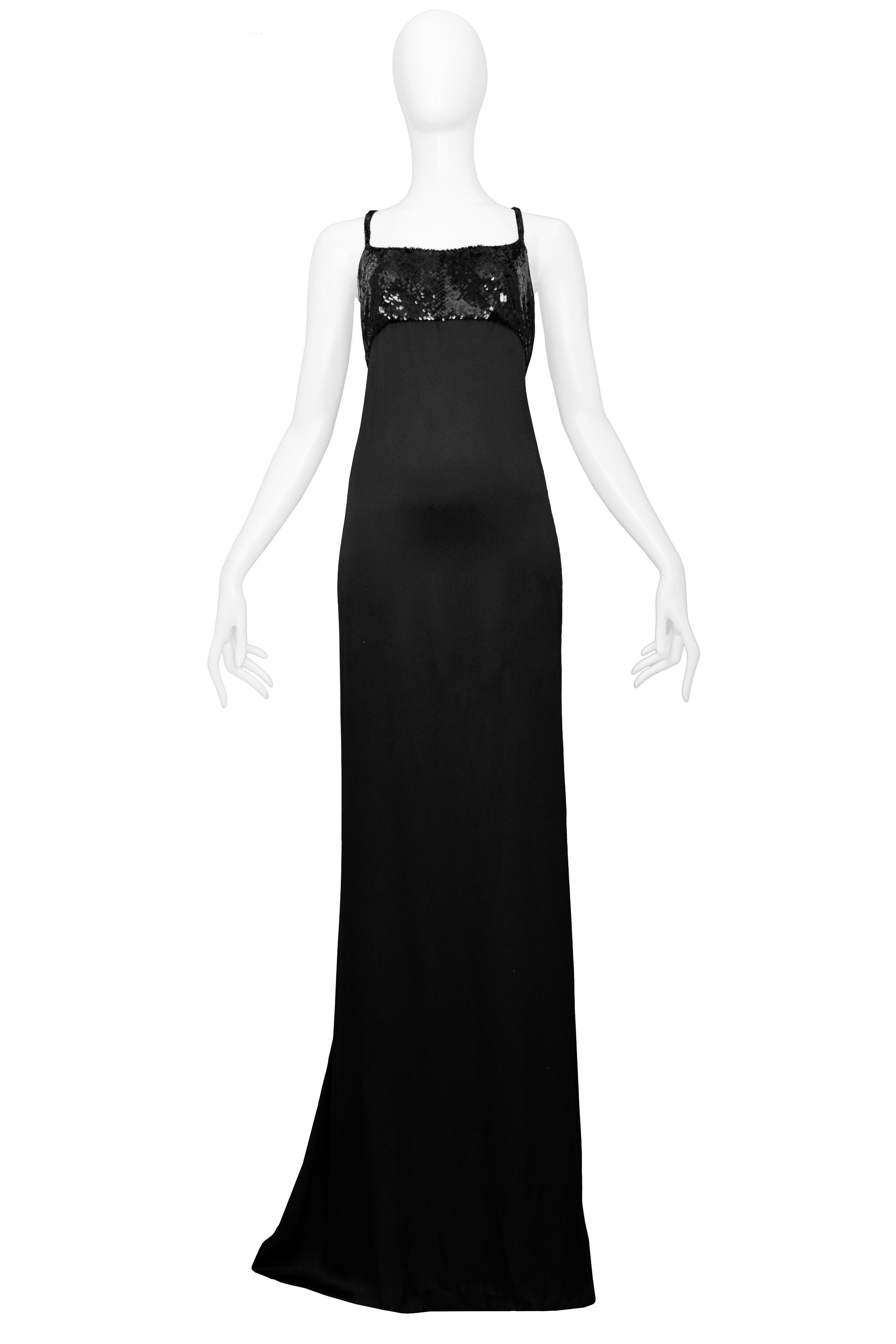 Resurrection Vintage is excited to offer this stunning vintage black satin Tom Ford for Gucci evening gown featuring a sequin bodice, criss-cross straps, and back panels, and a side zipper in the back, and an extra-long hem or train. Excellent