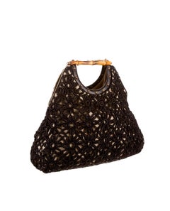 Stunning GUCCI Knitted Leather Macrame Bamboo Handbag Top Handle Bag Tote Studs