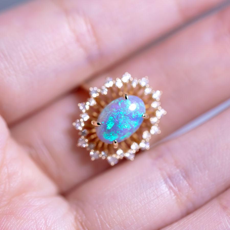 Arts and Crafts Stunning Halo Diamond Semi-Black Opal Engagement Ring 18K Yellow Gold For Sale