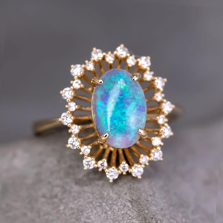 Stunning Halo Diamond Semi-Black Opal Engagement Ring 18K Yellow Gold In New Condition For Sale In Suwanee, GA