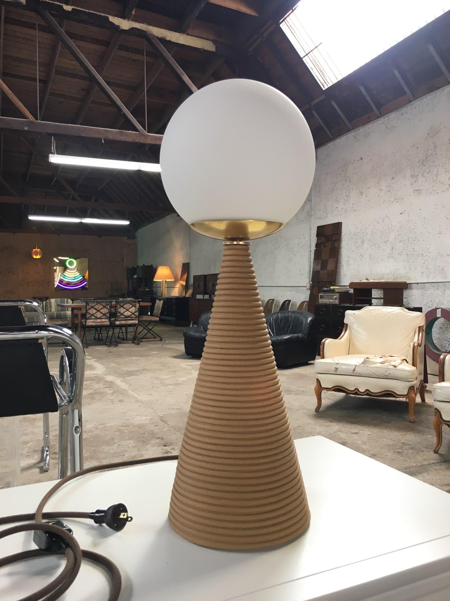 Stunning Hand Built Stoneware Table Lamp with Brass Accent For Sale 2