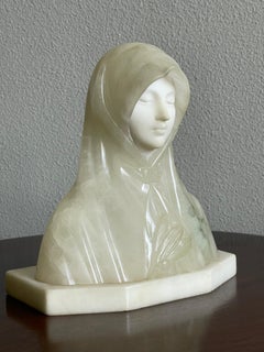 Stunning Hand Carved Antique Alabaster Bust Sculpture of Saint Clare of Assisi