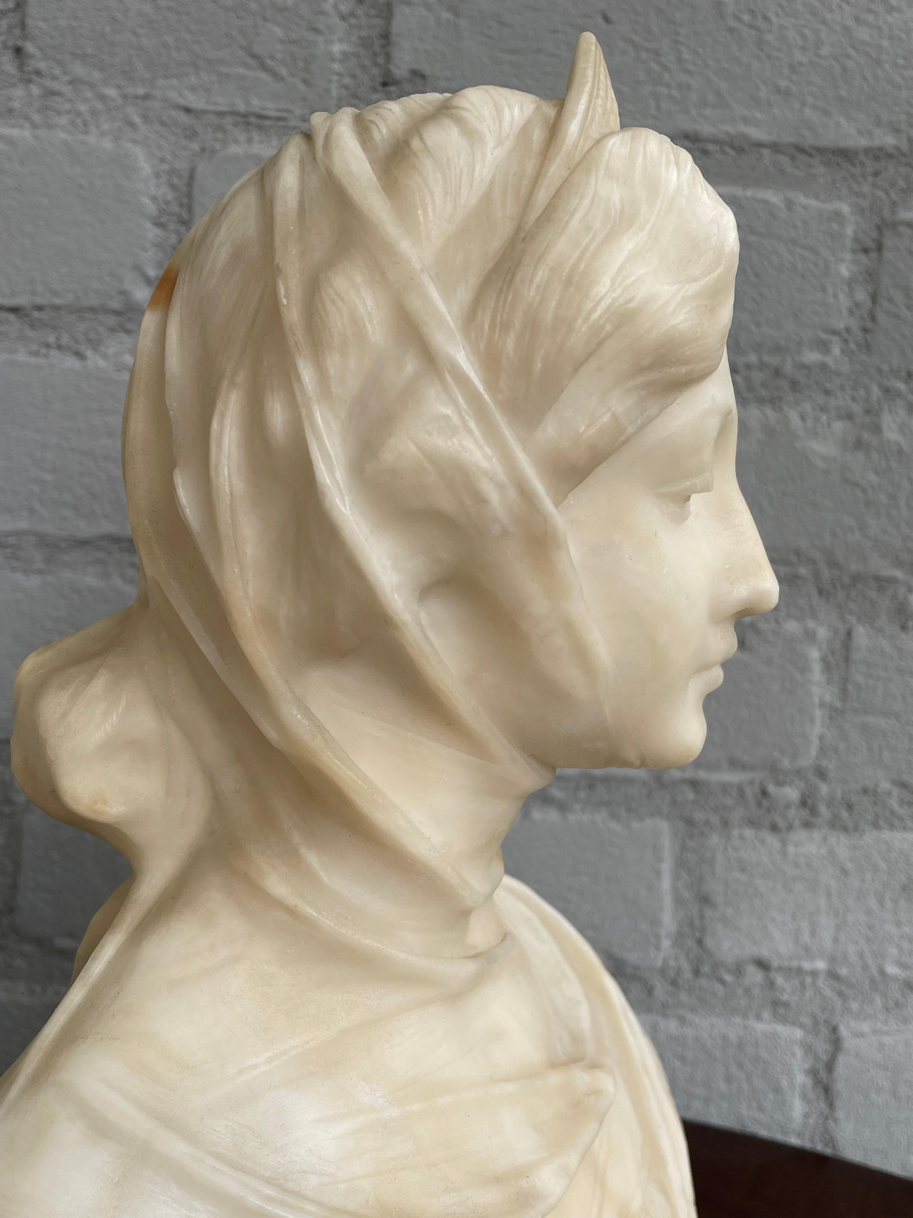 Top quality carved bust, signed by Antonio Frilli (1830-1902) of Firenze/Florence. 

If you are a collector of antique and top-quality works of art then this hand carved and saint-like lady sculpture could be flying your way soon. Over the decades