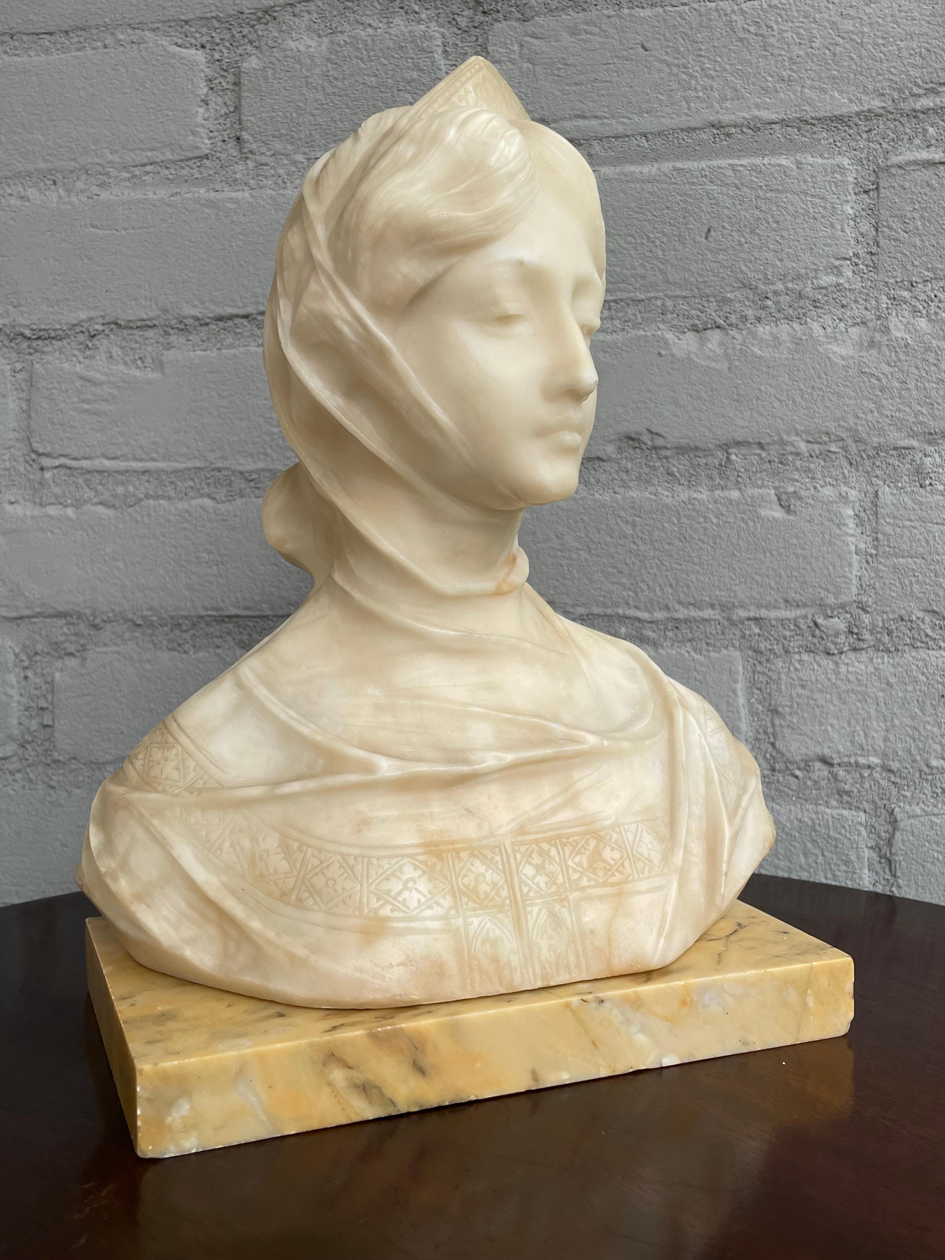 Gothic Revival Stunning & Hand Carved Antique Alabaster Sculpture of a Serene Lady by A. Frilli