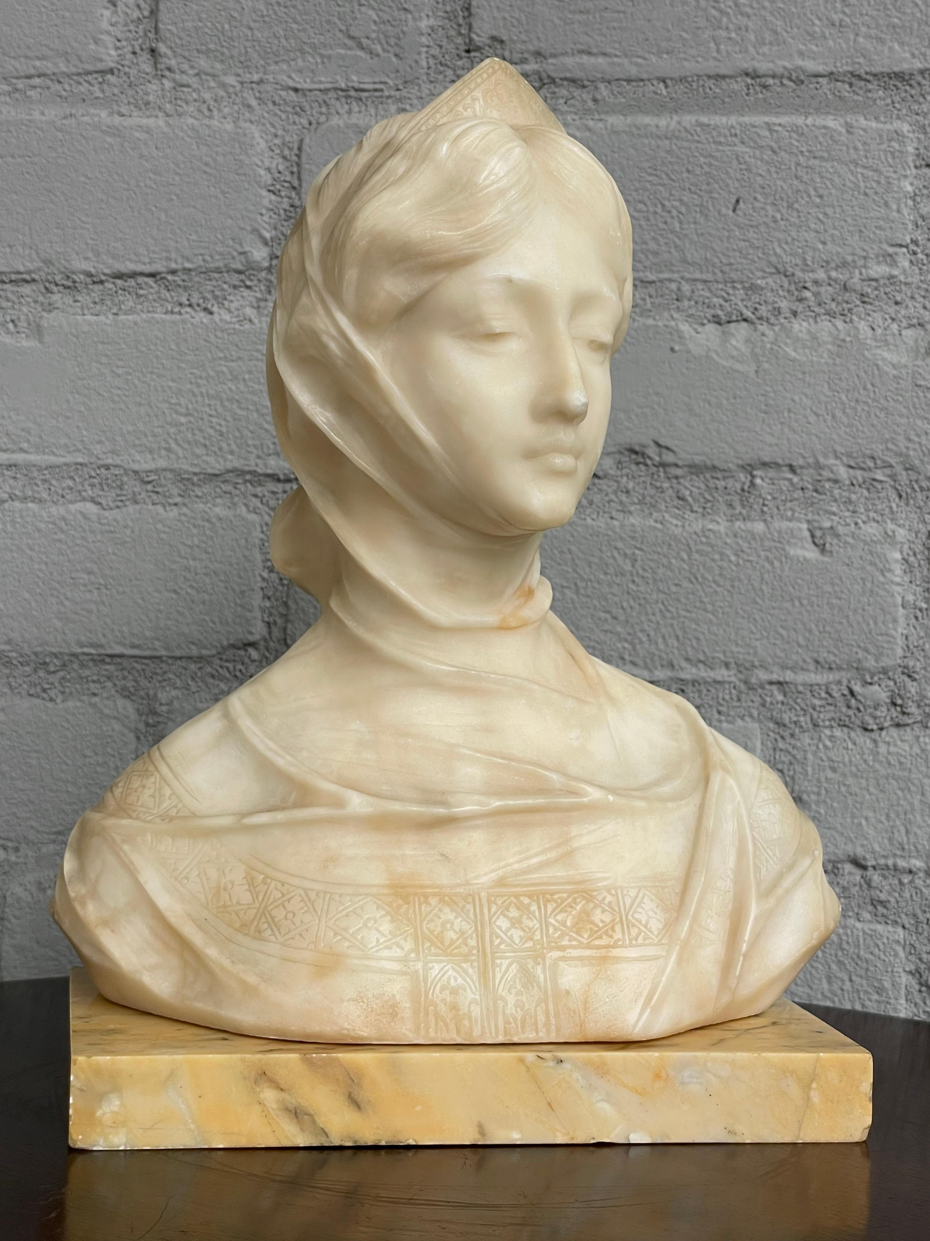 Italian Stunning & Hand Carved Antique Alabaster Sculpture of a Serene Lady by A. Frilli