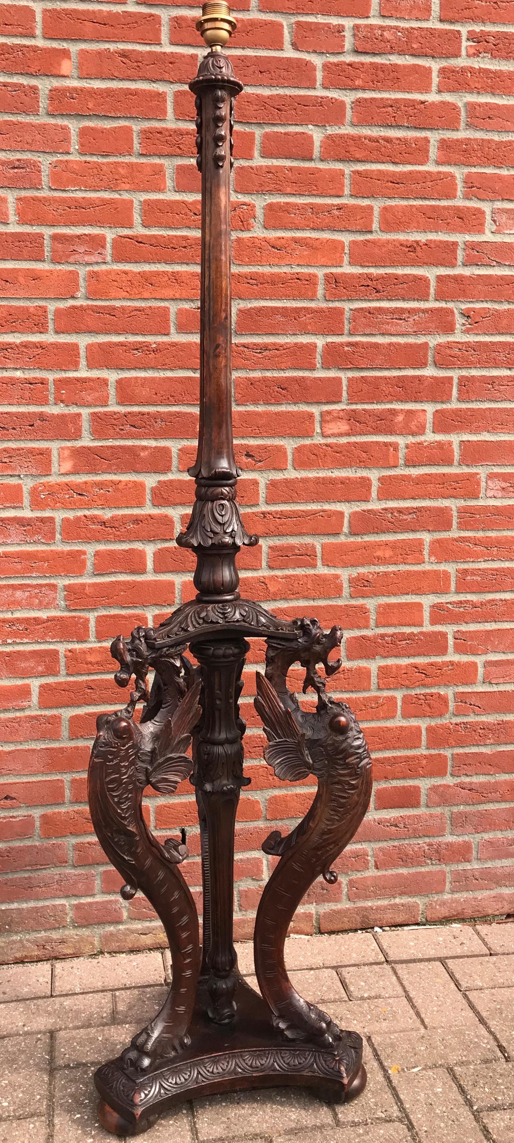 20th Century Impressive and all Hand-Carved Griffin Sculptures in a Gothic Style Floor Lamp For Sale