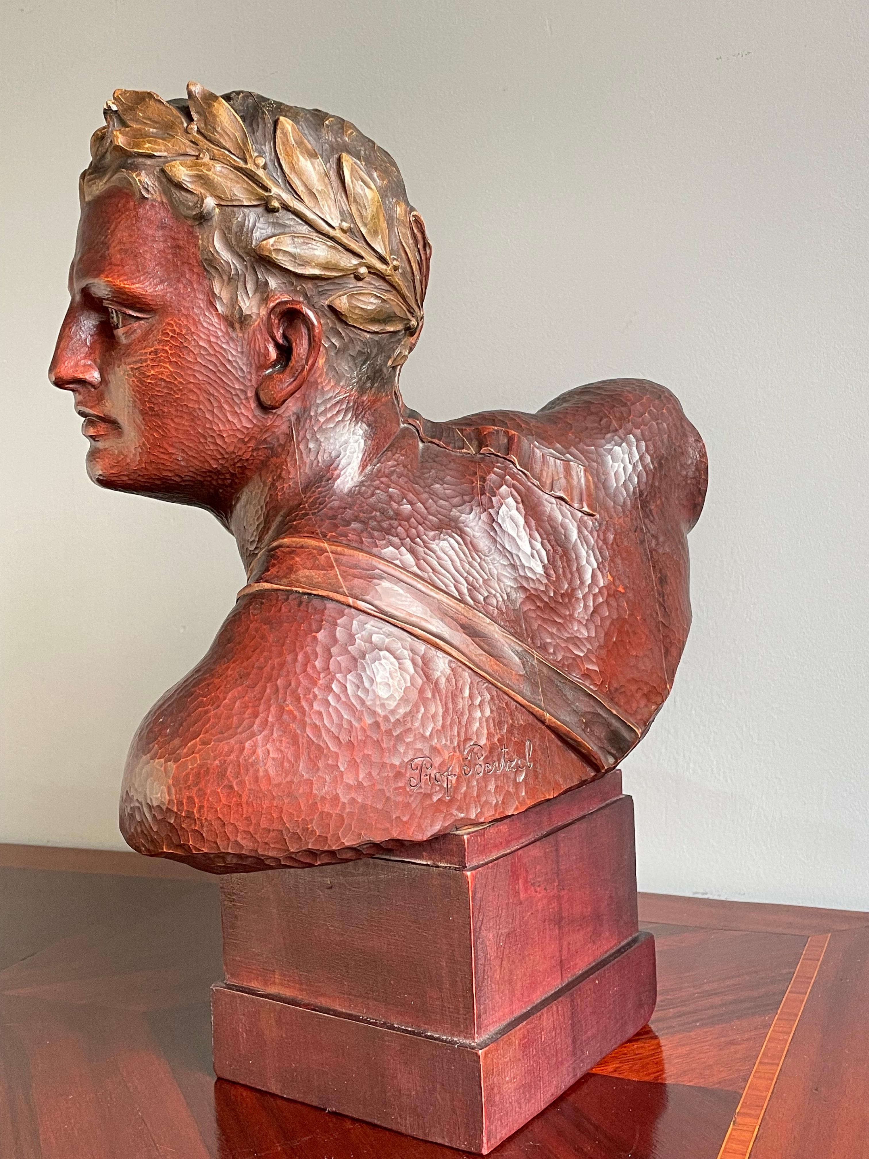 Stunning Hand Carved Art Deco Era Bust Sculpture of an Olympian w. Laurel Wreath For Sale 6