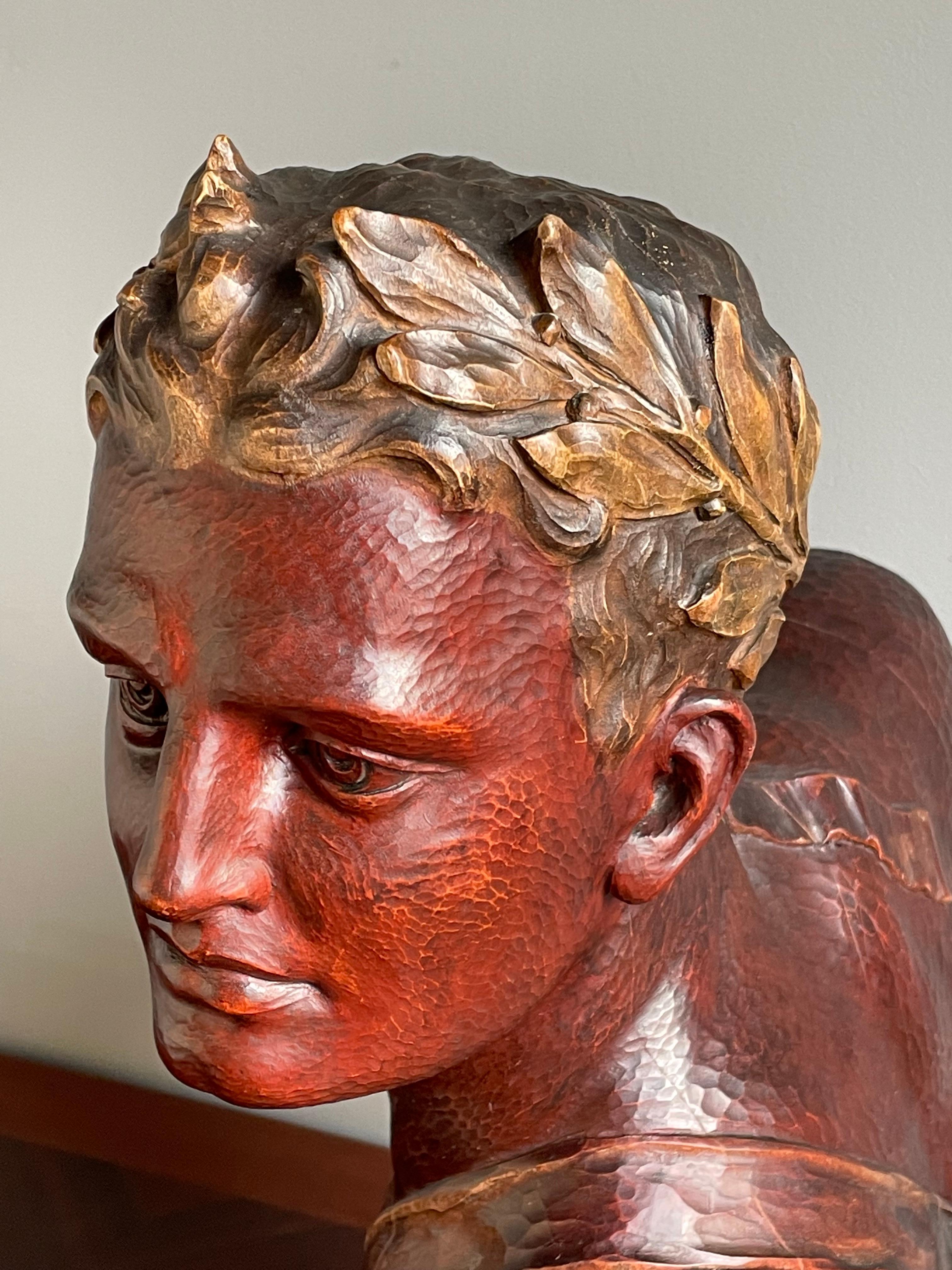Stunning Hand Carved Art Deco Era Bust Sculpture of an Olympian w. Laurel Wreath For Sale 7