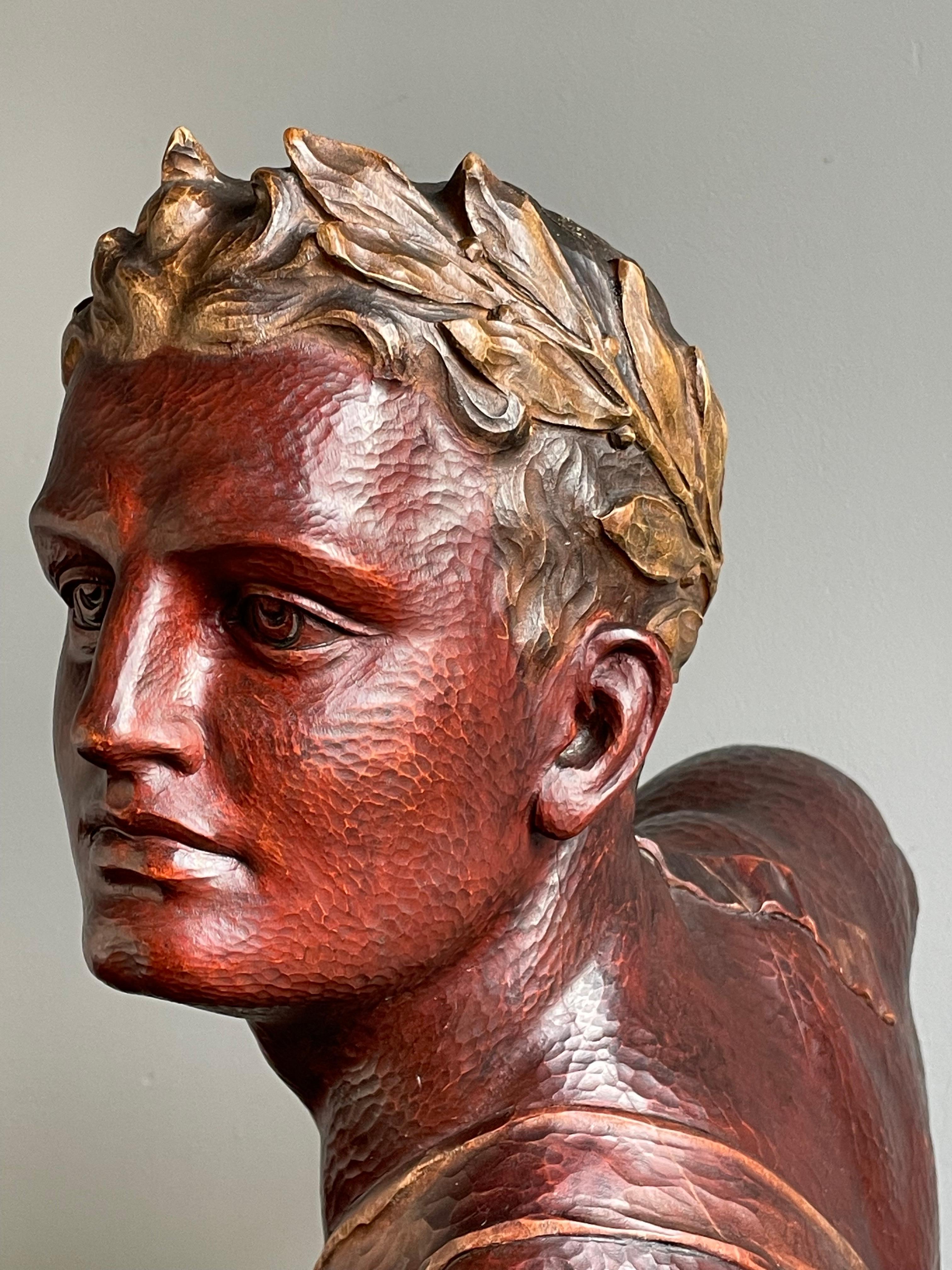 Stunning Hand Carved Art Deco Era Bust Sculpture of an Olympian w. Laurel Wreath For Sale 8