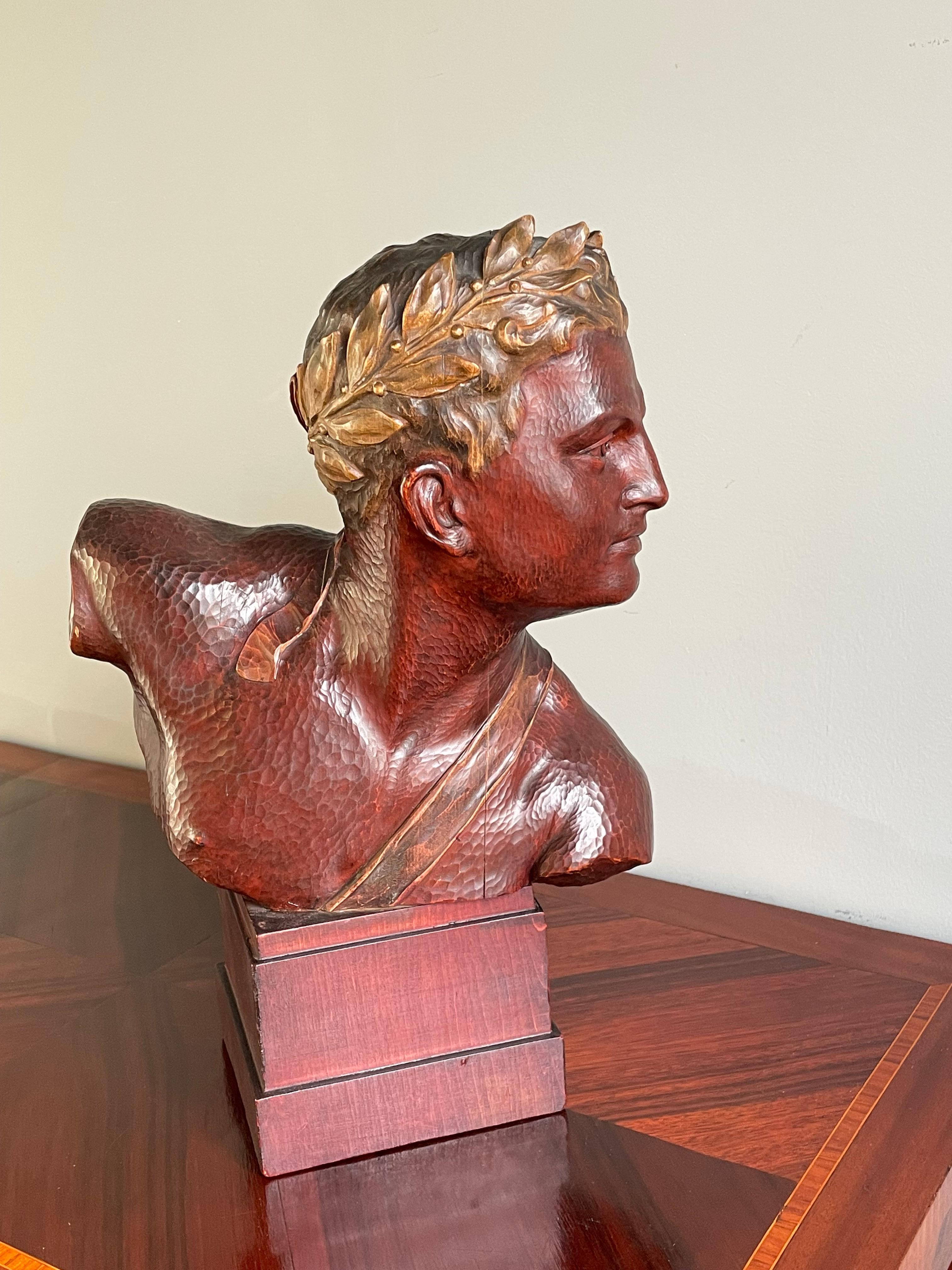 Stunning Hand Carved Art Deco Era Bust Sculpture of an Olympian w. Laurel Wreath For Sale 9