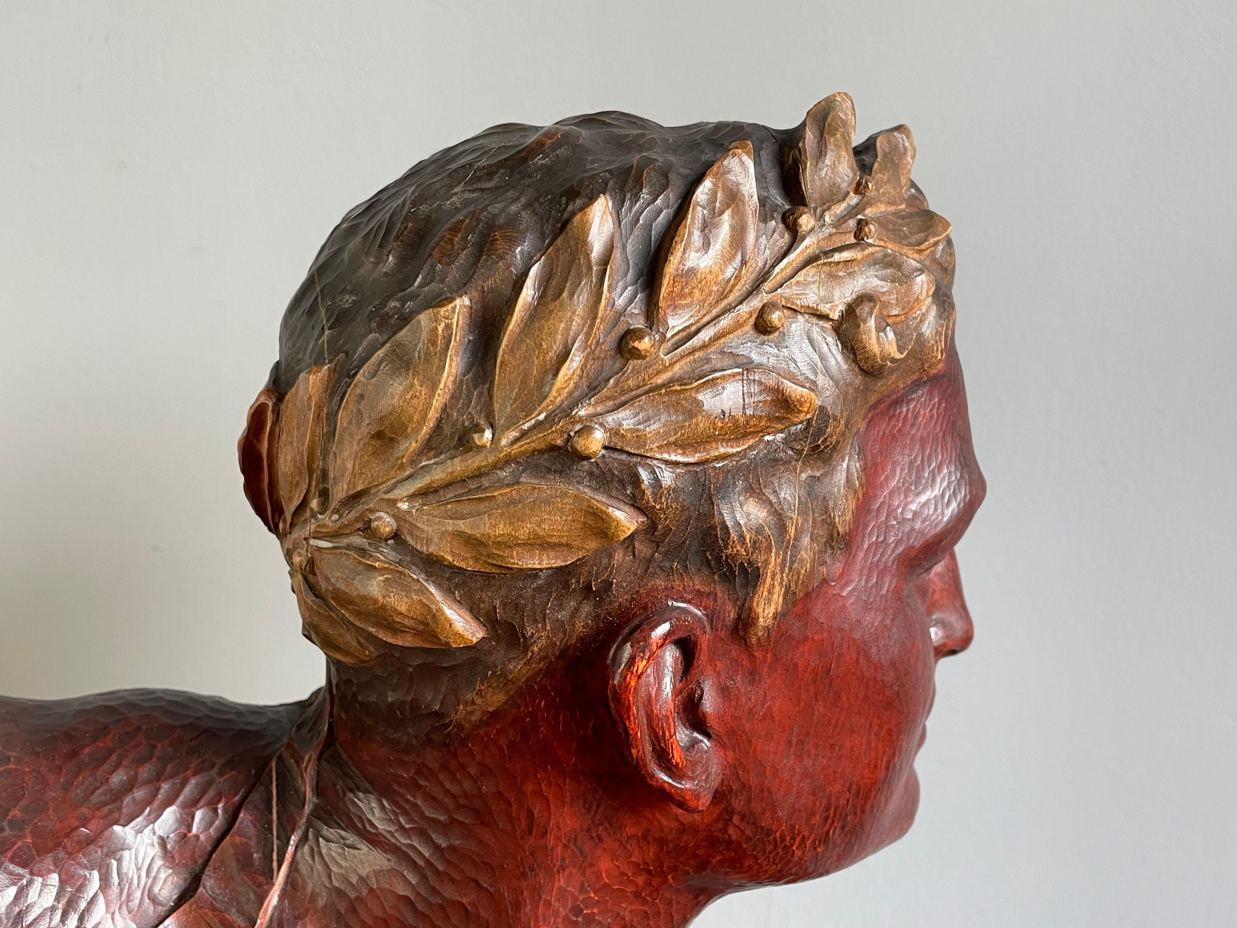 Stunning Hand Carved Art Deco Era Bust Sculpture of an Olympian w. Laurel Wreath For Sale 11