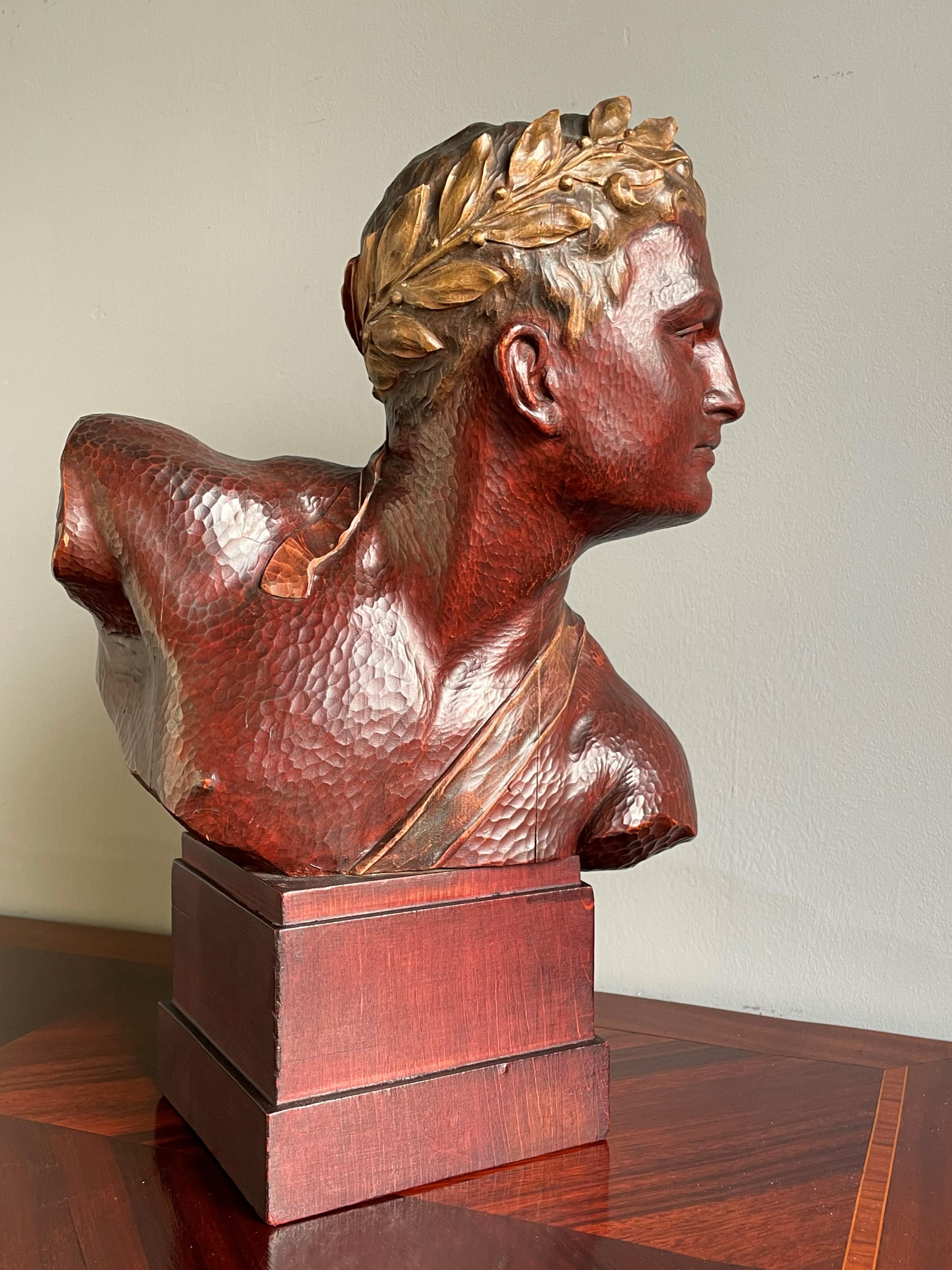 German Stunning Hand Carved Art Deco Era Bust Sculpture of an Olympian w. Laurel Wreath For Sale