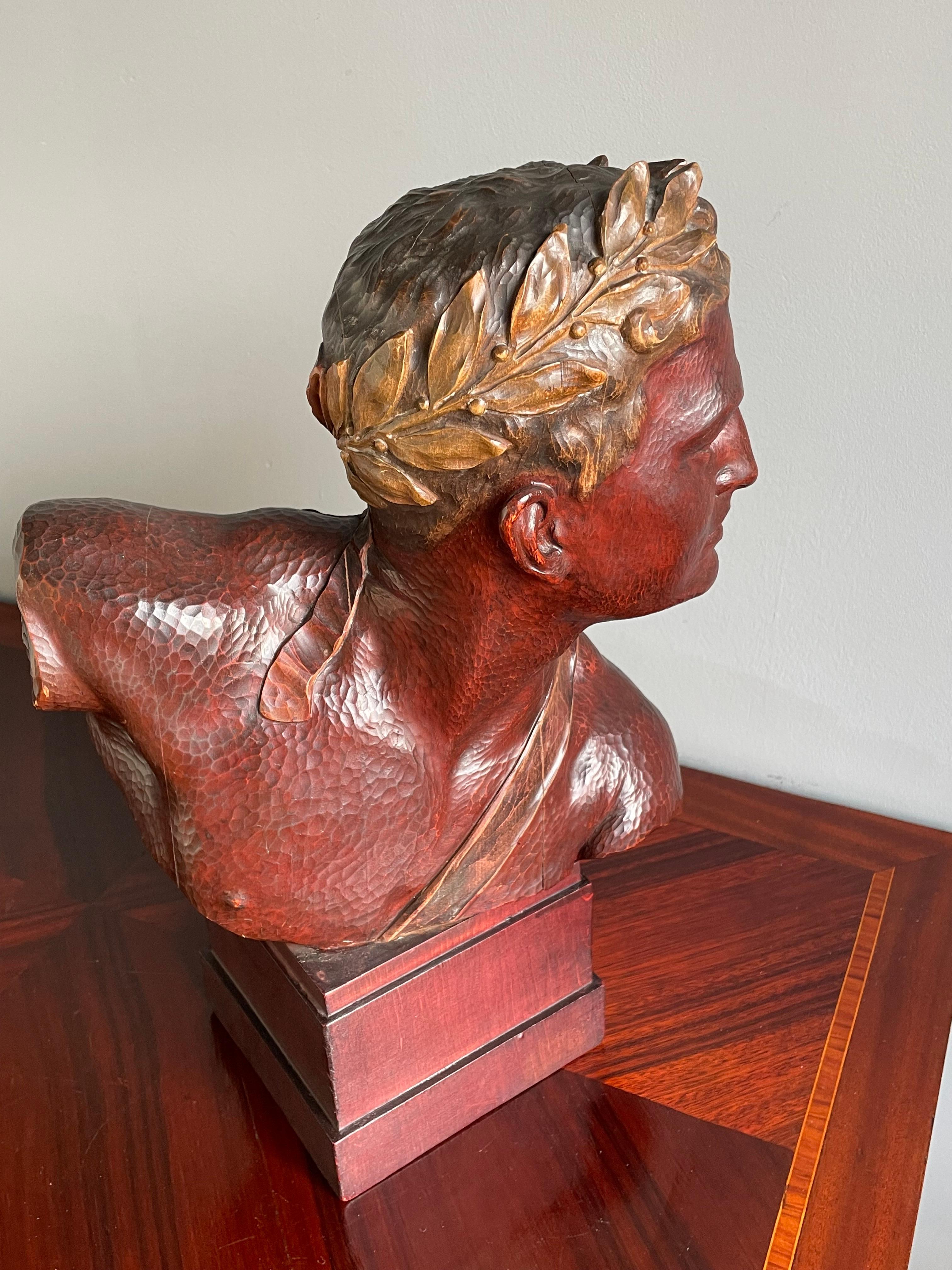 Hand-Carved Stunning Hand Carved Art Deco Era Bust Sculpture of an Olympian w. Laurel Wreath For Sale