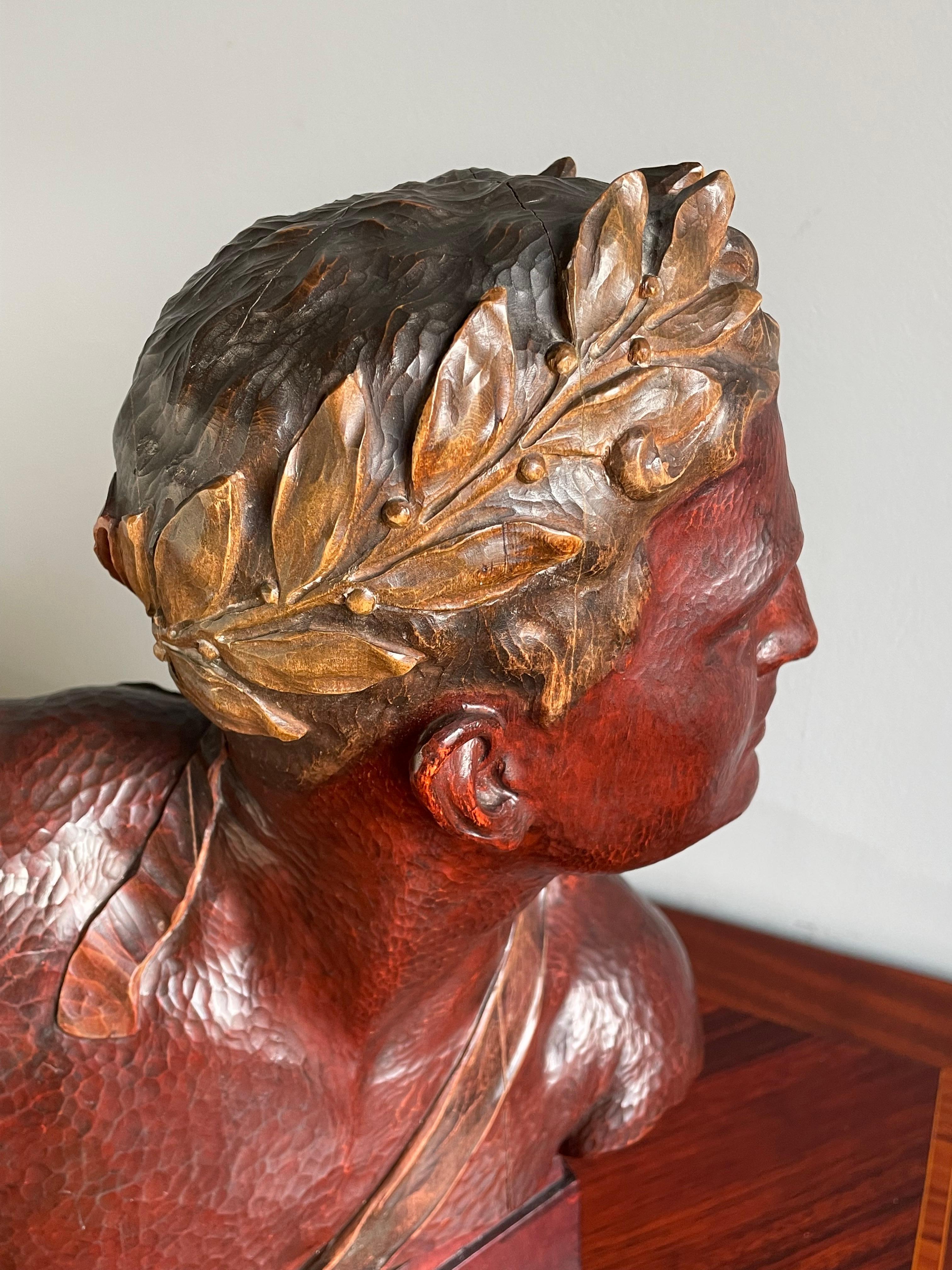 Stunning Hand Carved Art Deco Era Bust Sculpture of an Olympian w. Laurel Wreath In Excellent Condition For Sale In Lisse, NL