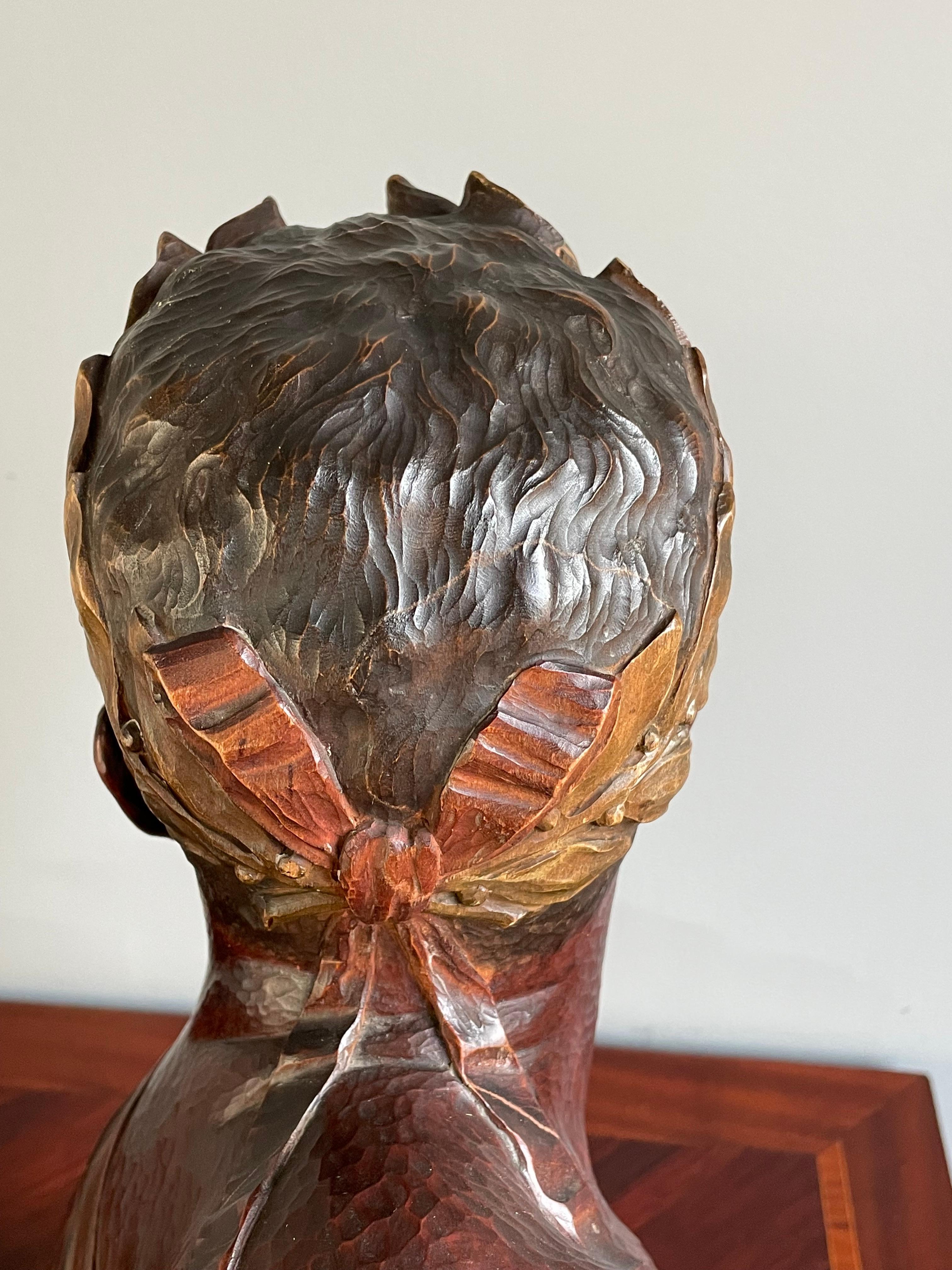 Wood Stunning Hand Carved Art Deco Era Bust Sculpture of an Olympian w. Laurel Wreath For Sale