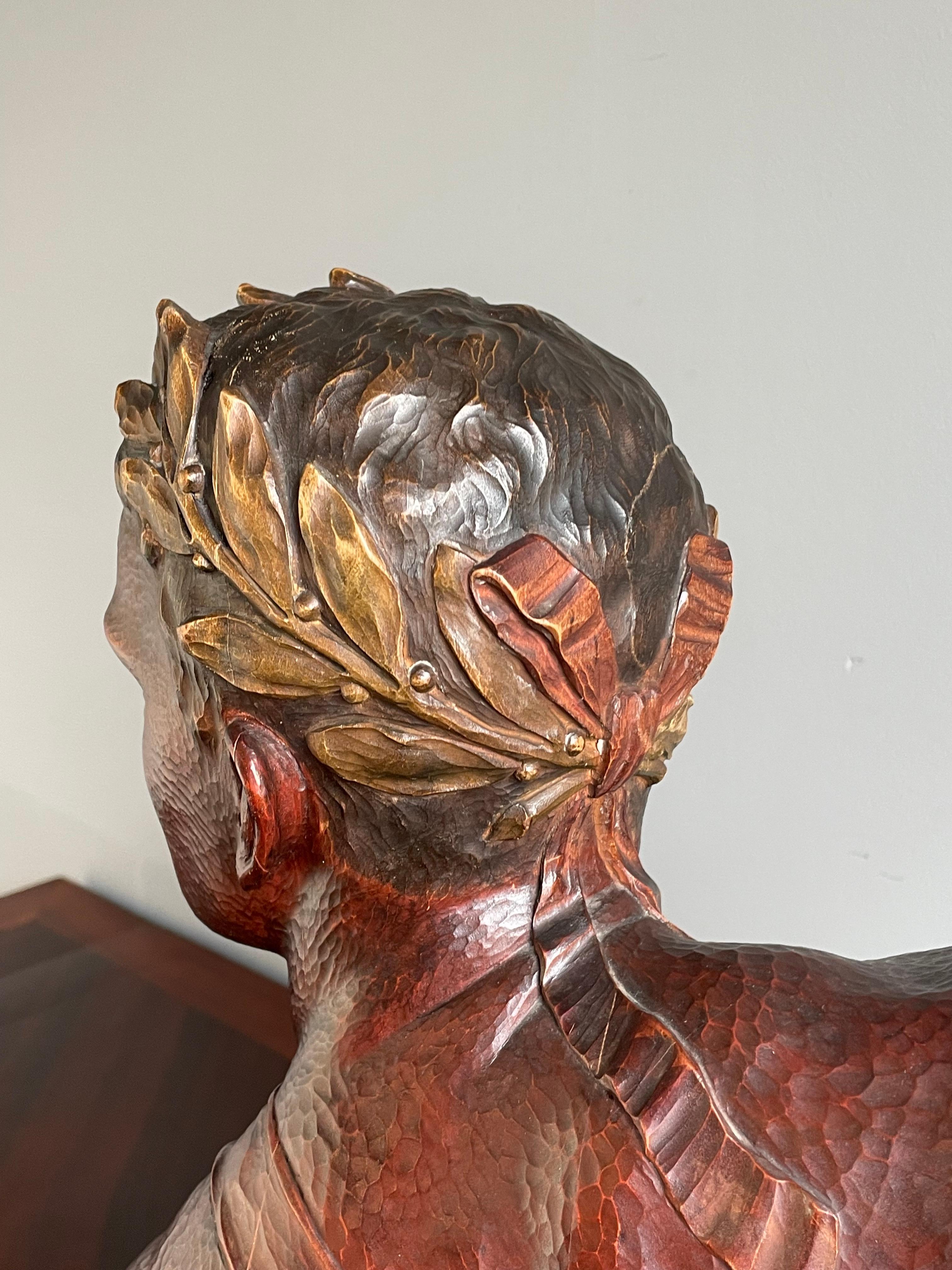 Stunning Hand Carved Art Deco Era Bust Sculpture of an Olympian w. Laurel Wreath For Sale 1