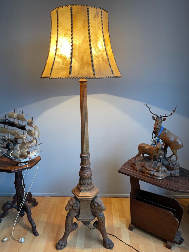 Stunning Hand Carved Arts and Crafts Floor Lamp with Triple Rams Heads ...