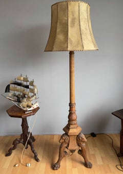Stunning Hand Carved Arts & Crafts Floor Lamp with Triple Rams Heads & Legs Base