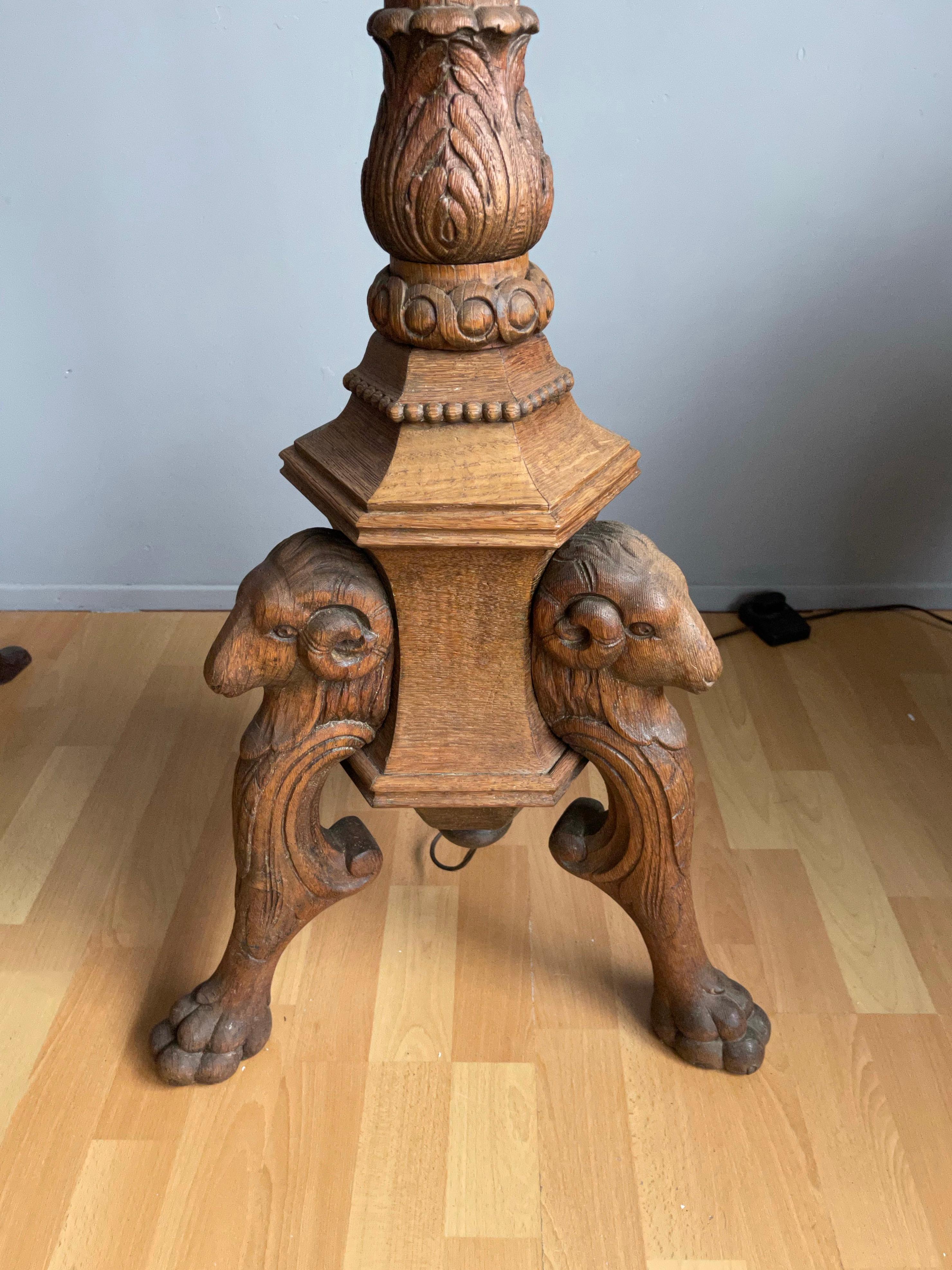 Arts and Crafts Stunning Hand Carved Arts & Crafts Floor Lamp with Triple Rams Heads & Legs Base