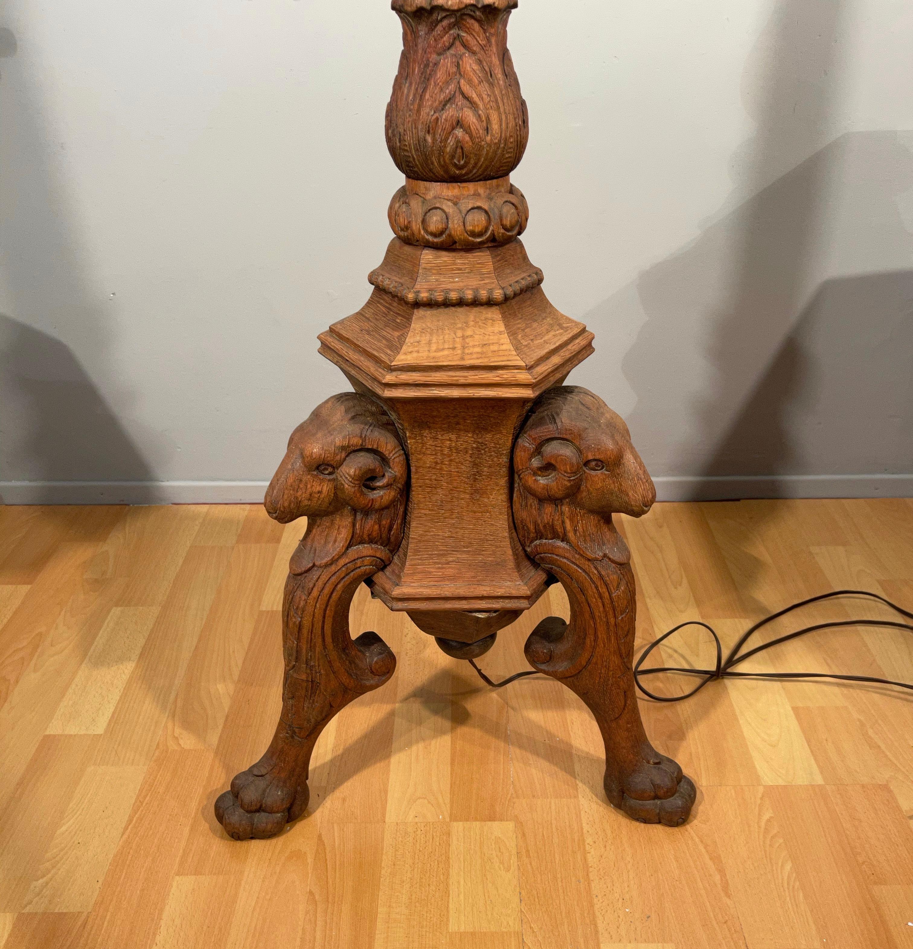 20th Century Stunning Hand Carved Arts & Crafts Floor Lamp with Triple Rams Heads & Legs Base