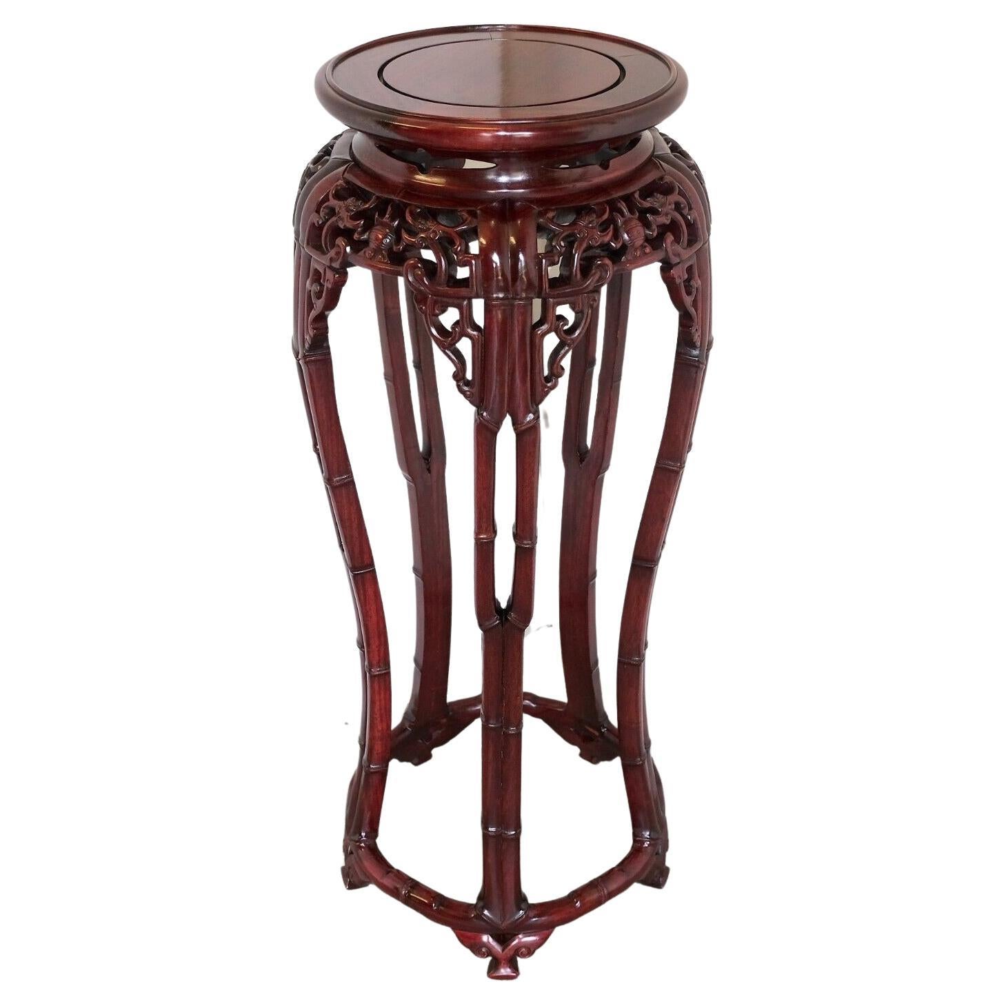 STUNNiNG HAND CARVED CHINESE HARDWOOD PLANT STAND WITH DRAGONS & ROUND TOP For Sale