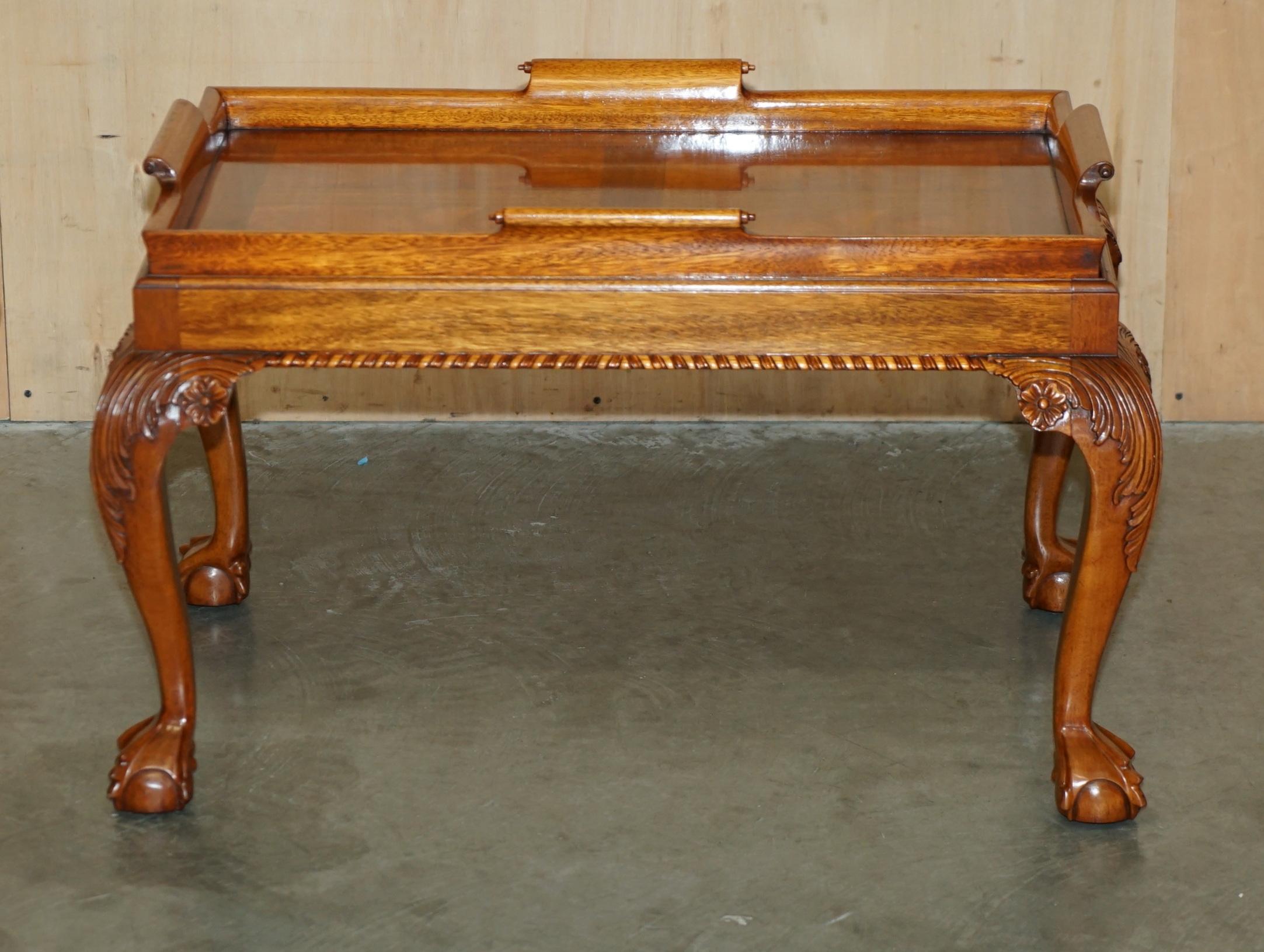 Regency STUNNiNG HAND CARVED CLAW & BALL FOOT HARDWOOD COFFEE TRAY TABLE REMOVABLE TRAY For Sale