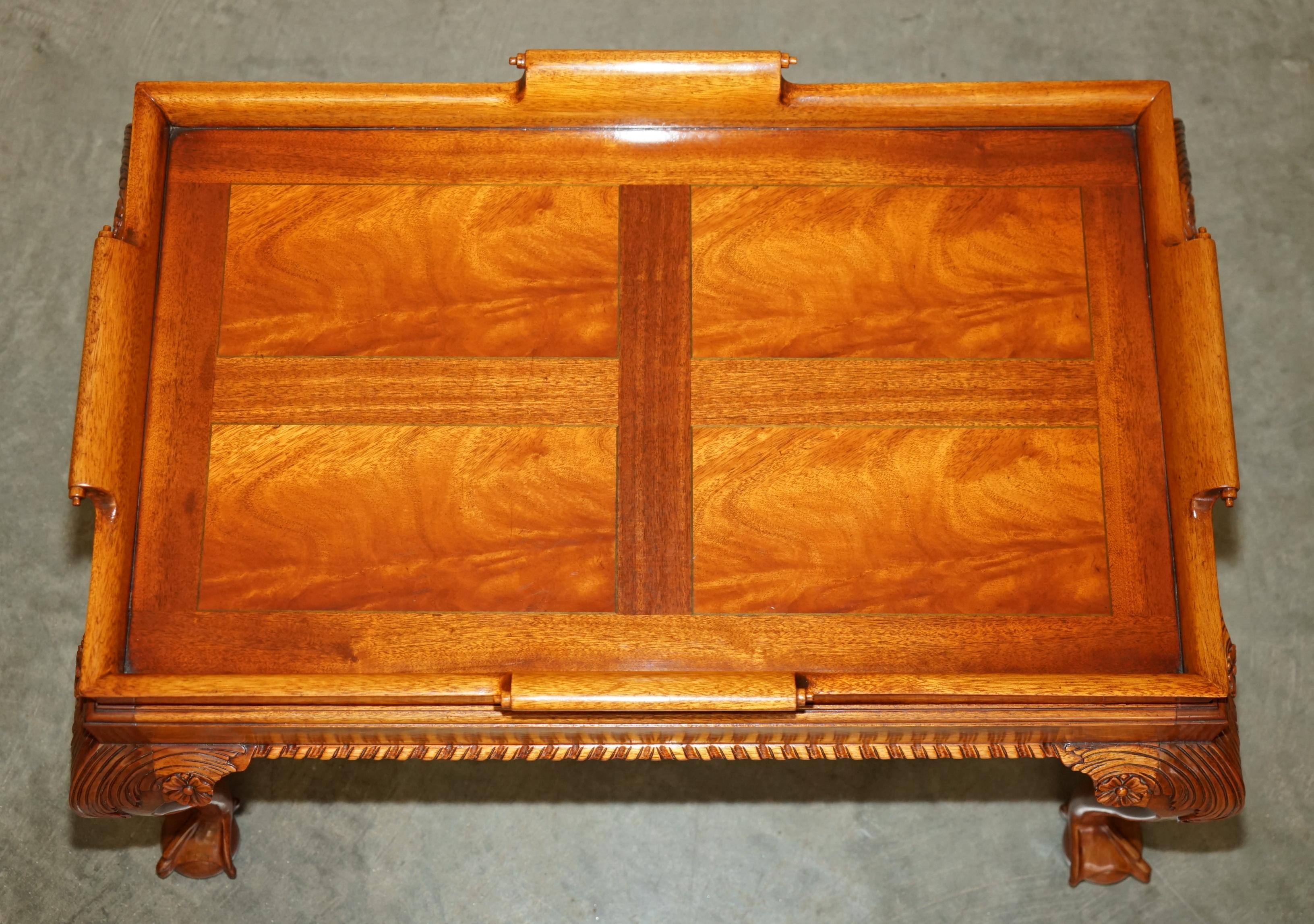 English STUNNiNG HAND CARVED CLAW & BALL FOOT HARDWOOD COFFEE TRAY TABLE REMOVABLE TRAY For Sale