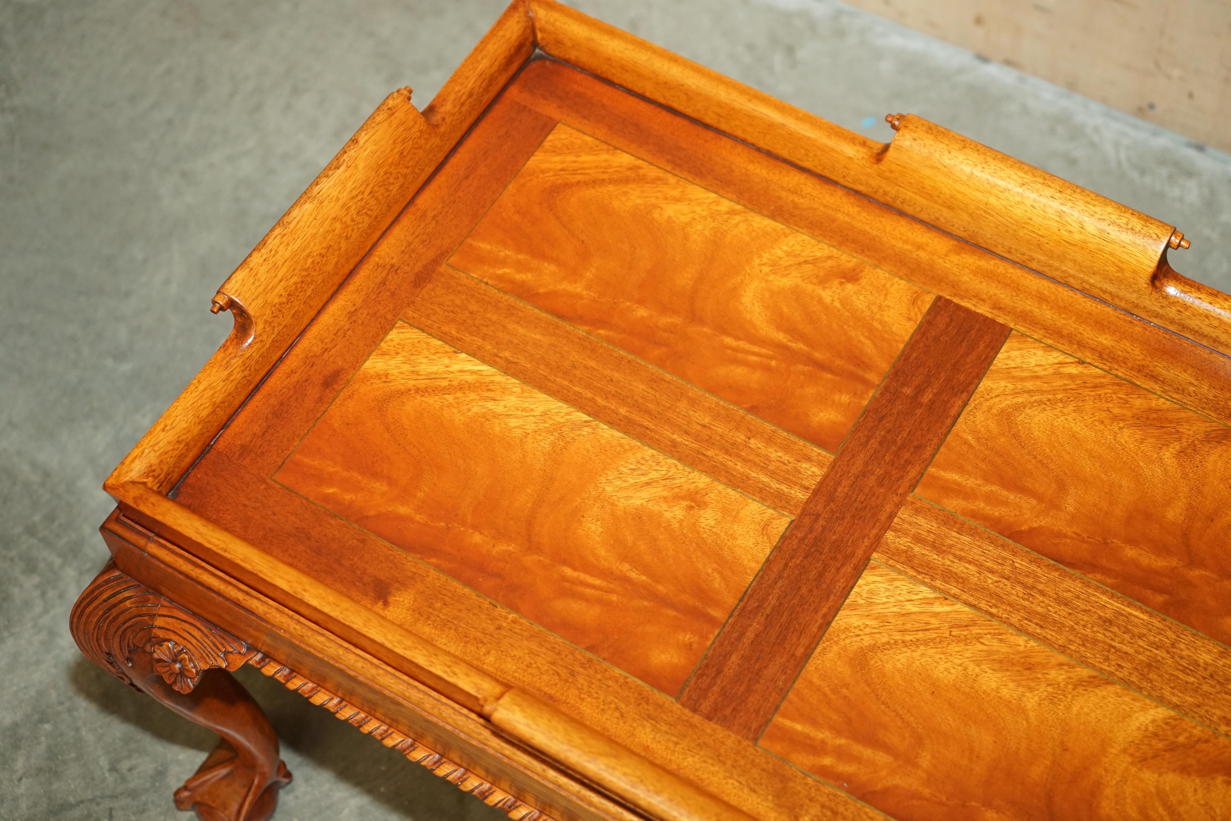 Hand-Crafted STUNNiNG HAND CARVED CLAW & BALL FOOT HARDWOOD COFFEE TRAY TABLE REMOVABLE TRAY For Sale