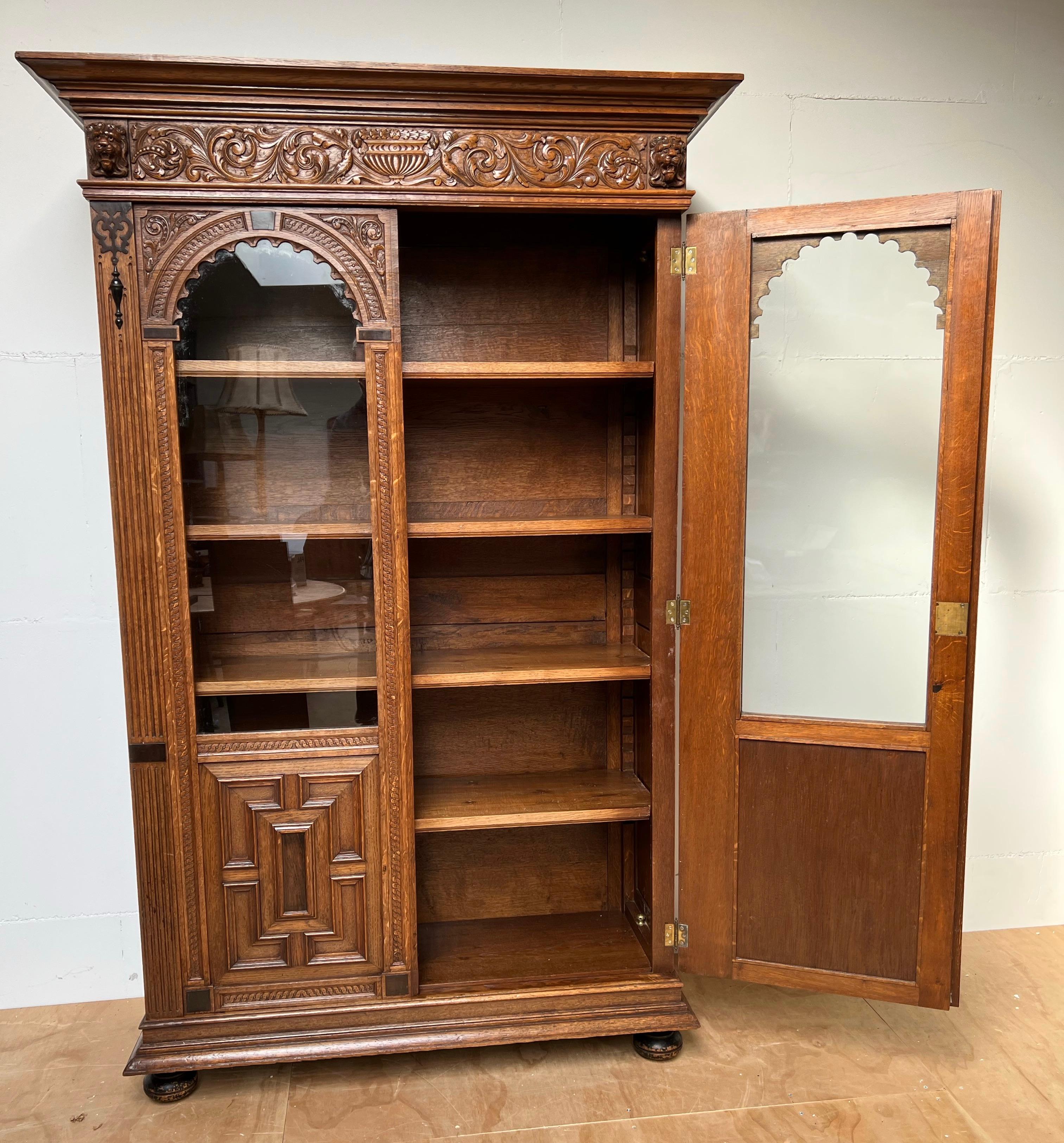 Stunning Hand Carved Dutch Renaisssance Oak Bookcase / Cabinet w. Glass Windows For Sale 5