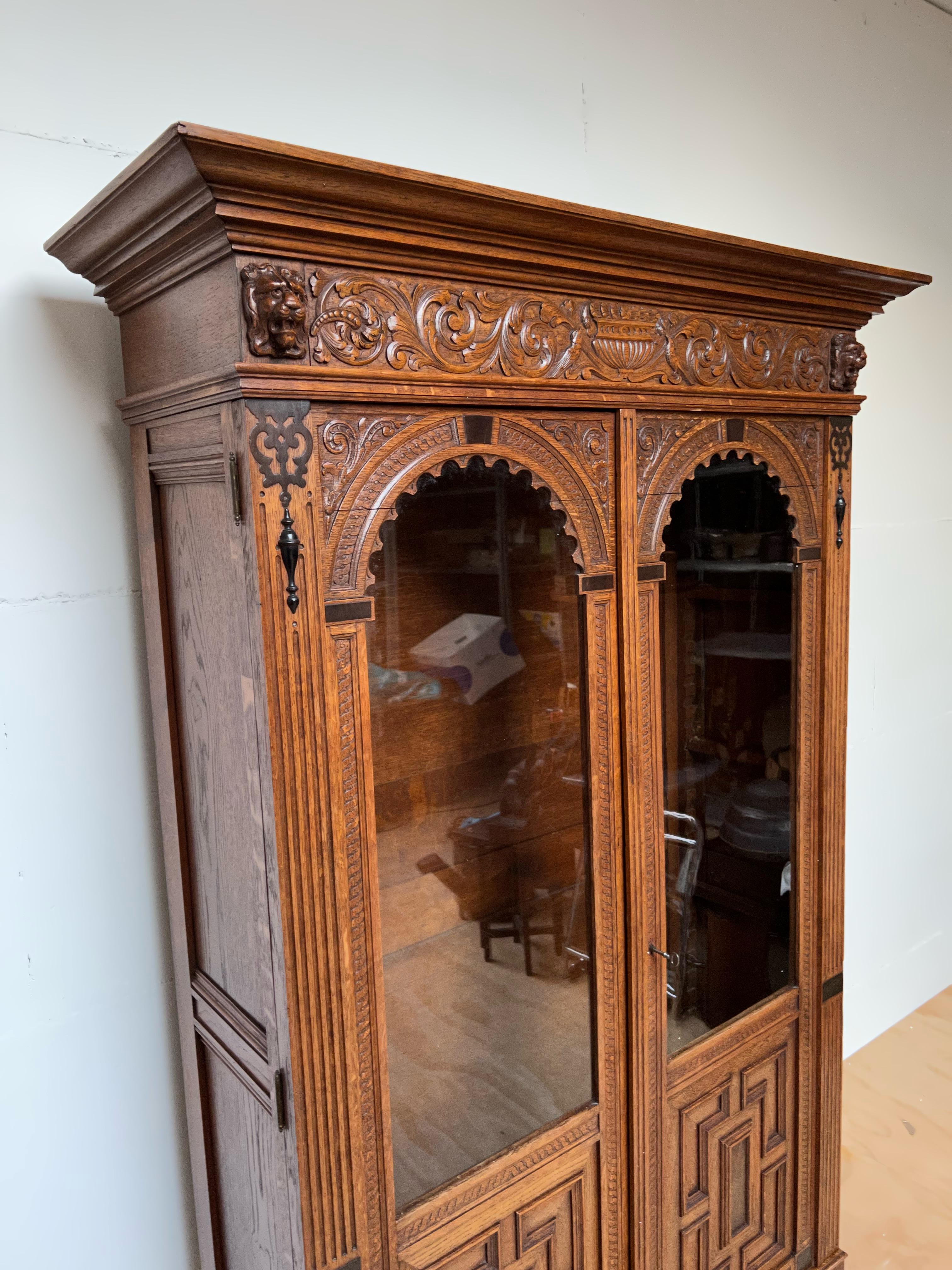Renaissance Revival Stunning Hand Carved Dutch Renaisssance Oak Bookcase / Cabinet w. Glass Windows For Sale